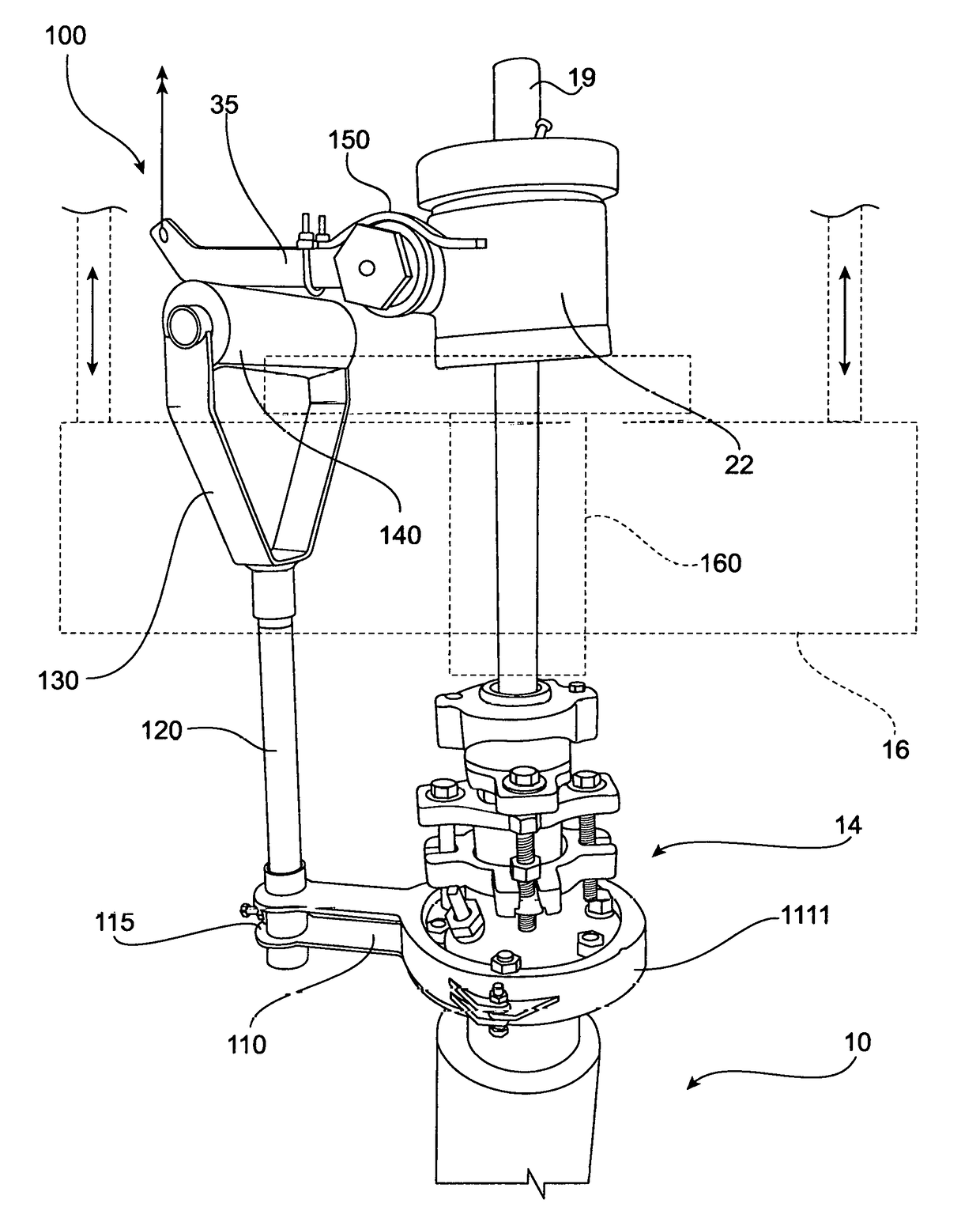 Rotator arm stop and roller assembly