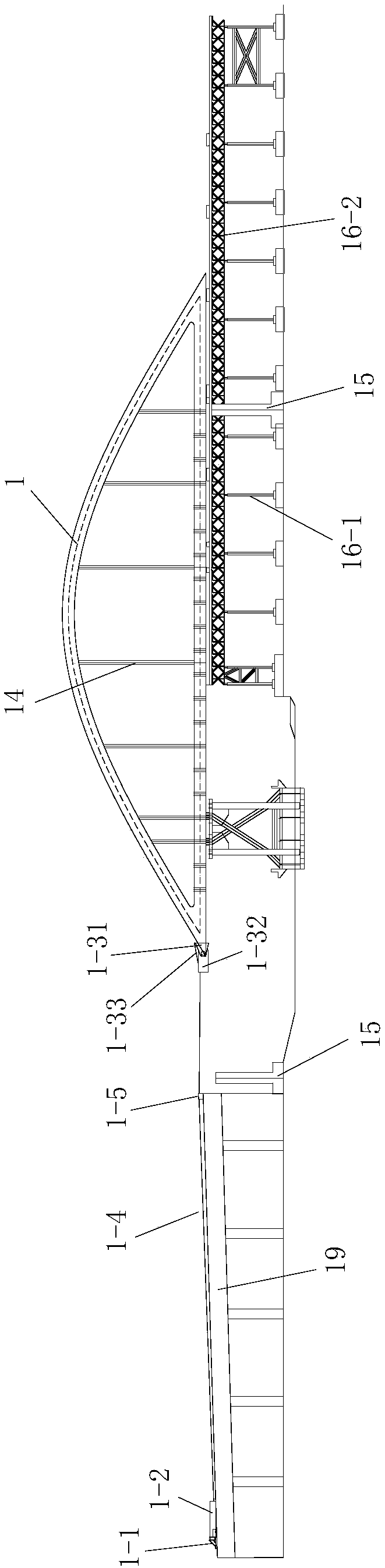 Large-span eccentric reclining steel box tie-rod arch bridge floating tow frame construction system