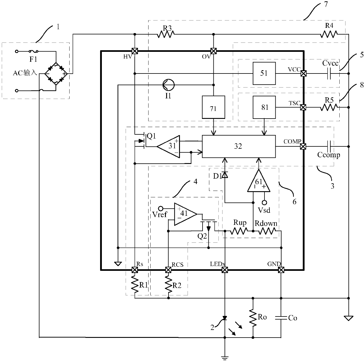 Linear high-efficiency constant-current no-stroboflash LED driving circuit and driving method thereof