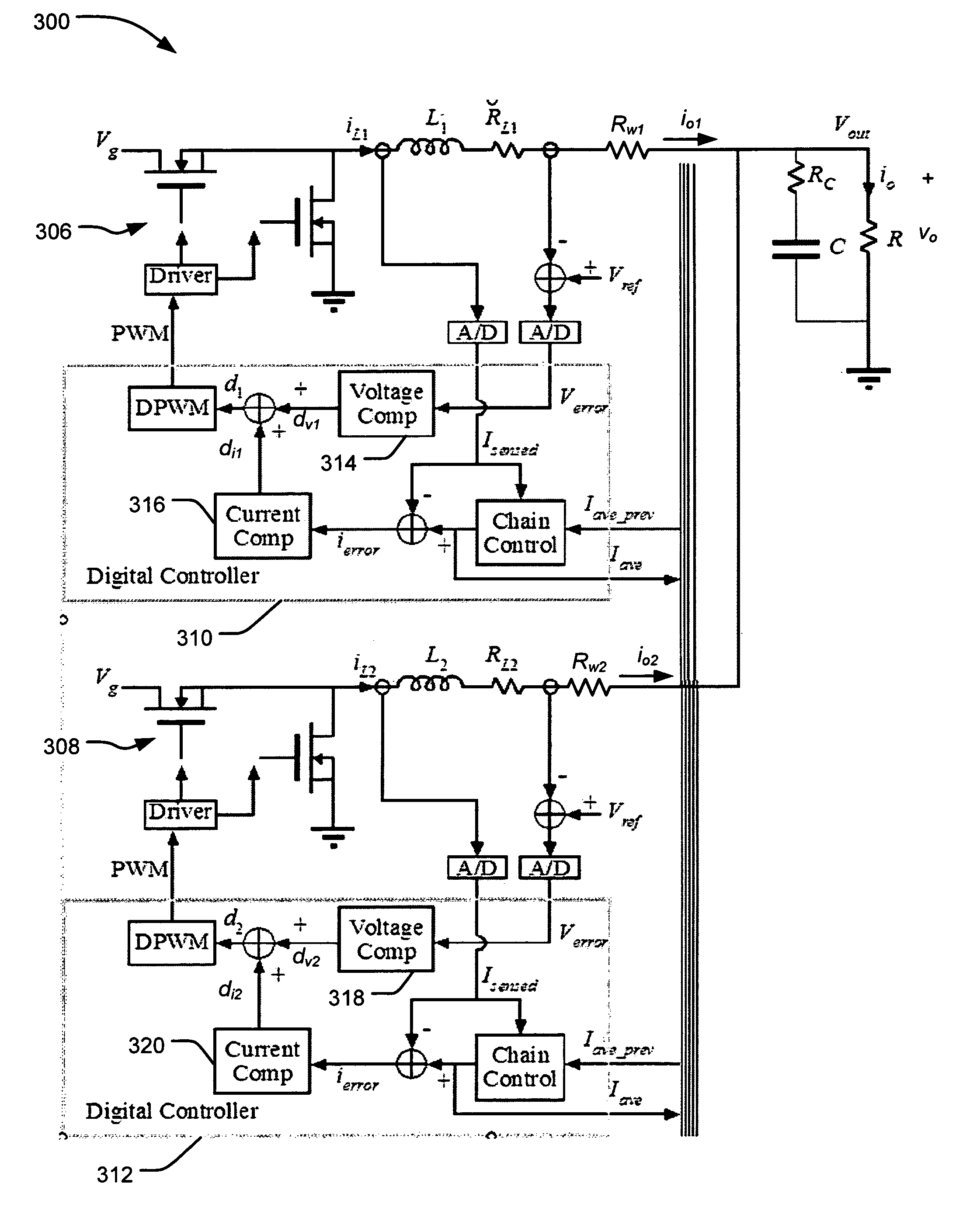 Active current sharing multiphase DC-DC converter