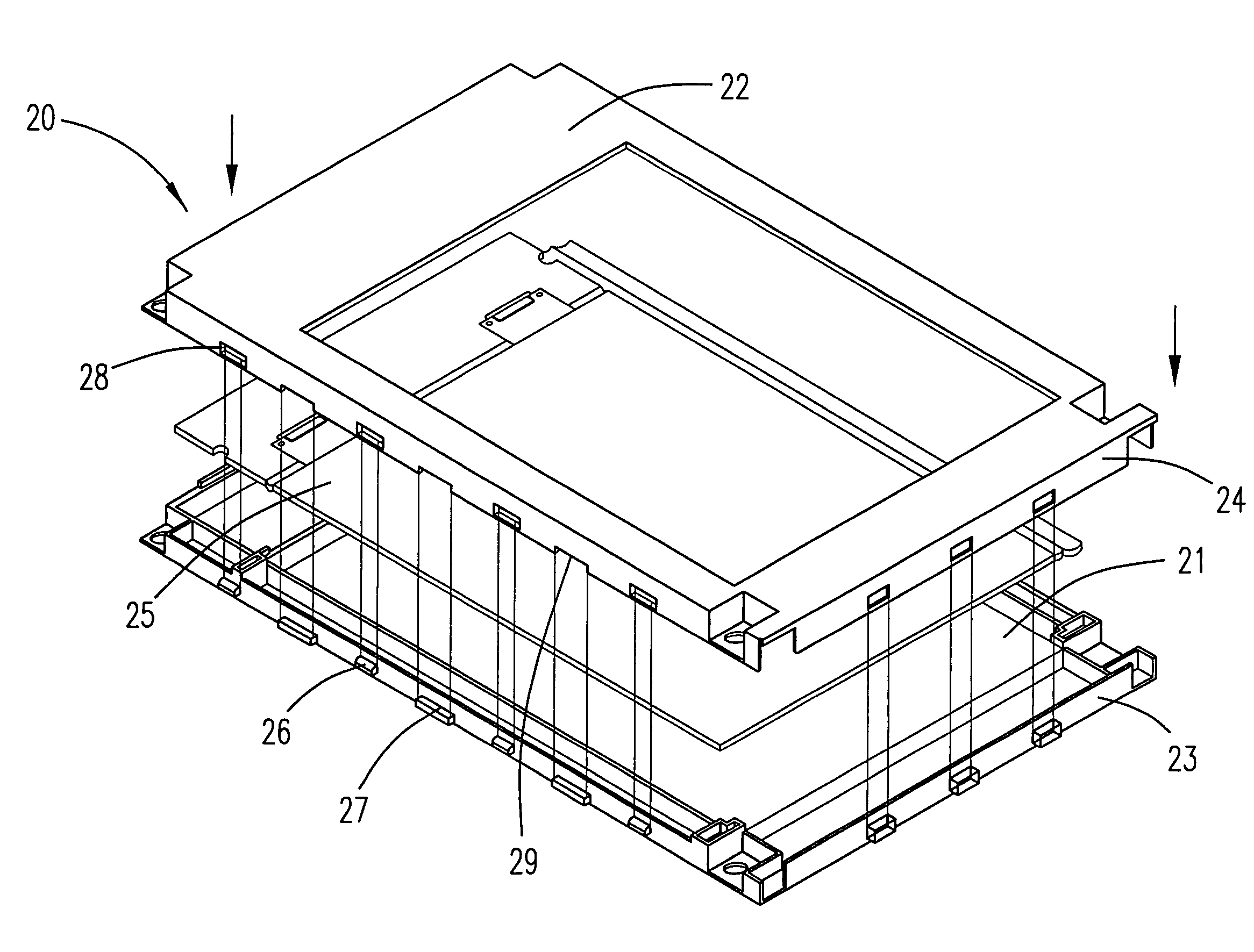 Frame for liquid crystal display device provided with protrudent elements and blocking elements being engaged with mounting openings and indentations