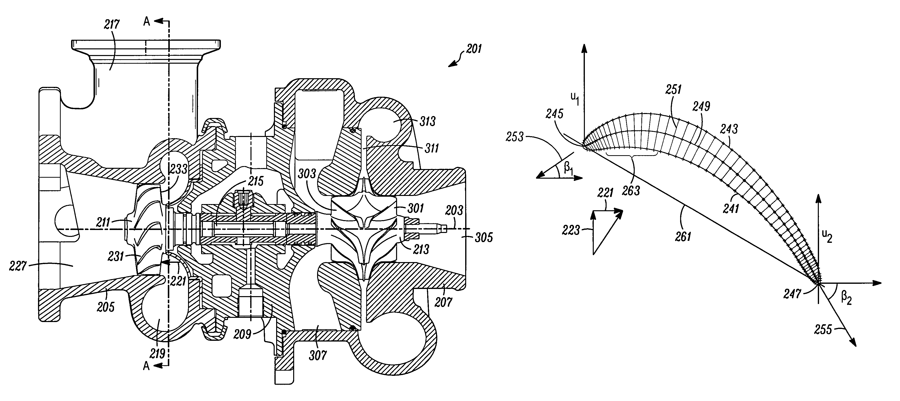 Axial turbine with parallel flow compressor