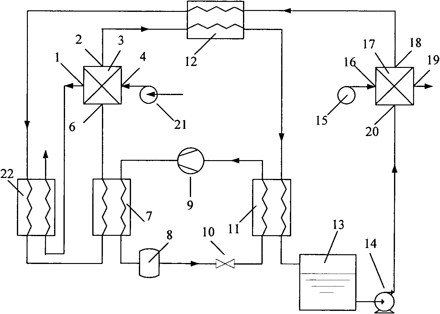 Heat pump-driven membrane-type liquid dehumidification and energy storage device