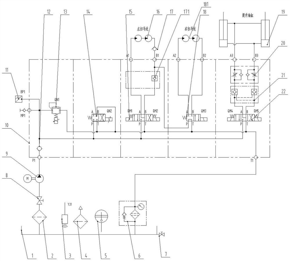 Hydraulic system of cleaning and sweeping vehicle