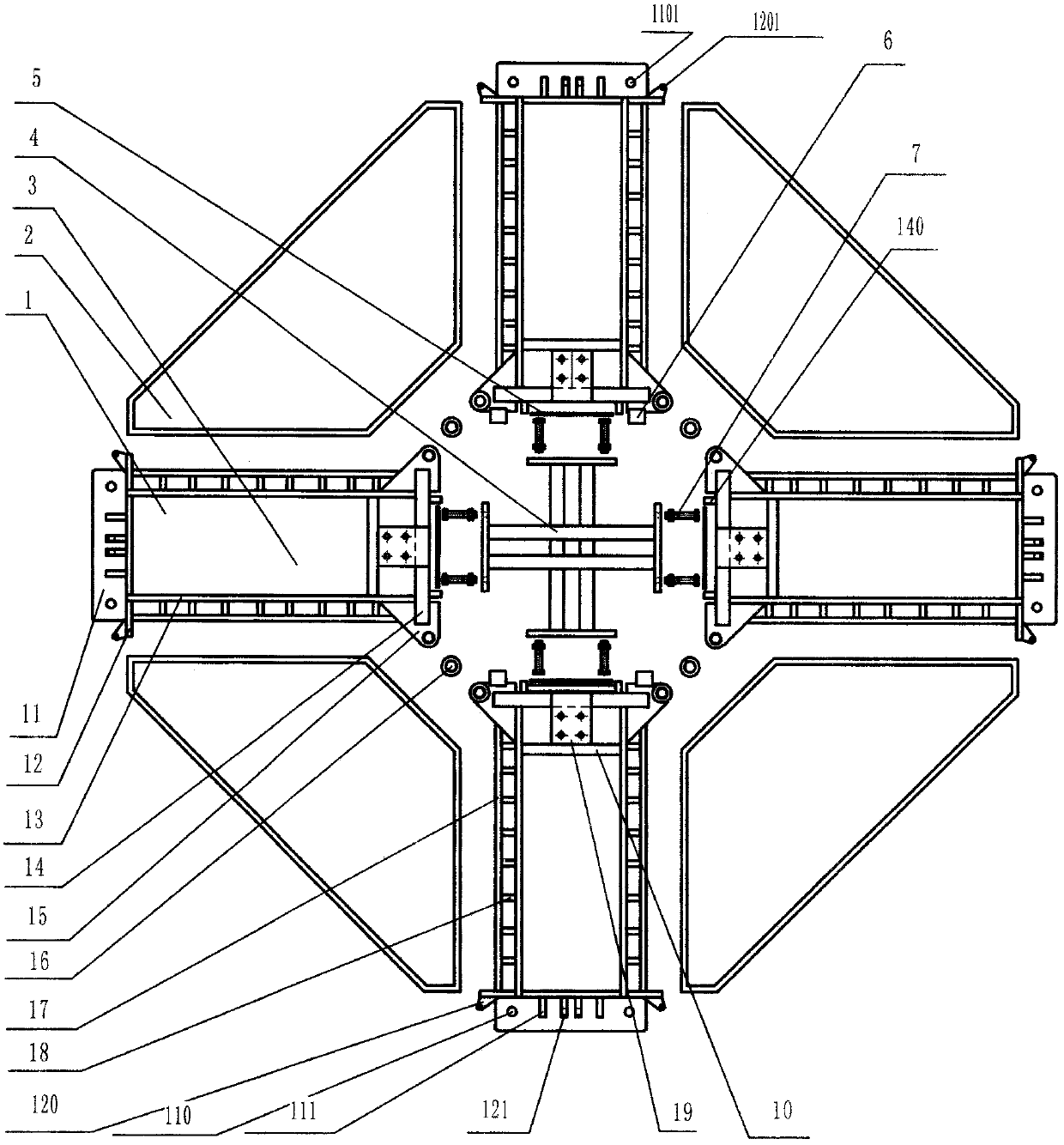 Tower crane foundation with four-beam steel structure and counterweight that can be quickly folded and moved