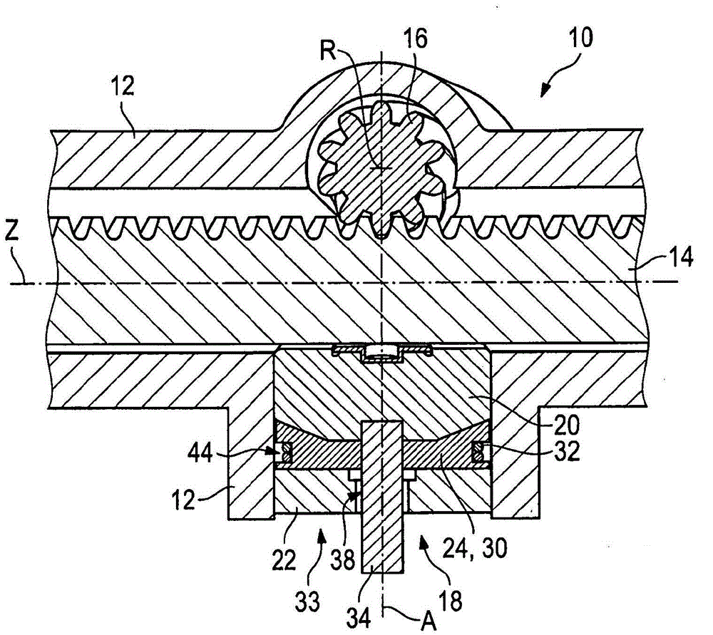 Device for pressing a gear rack against a pinion