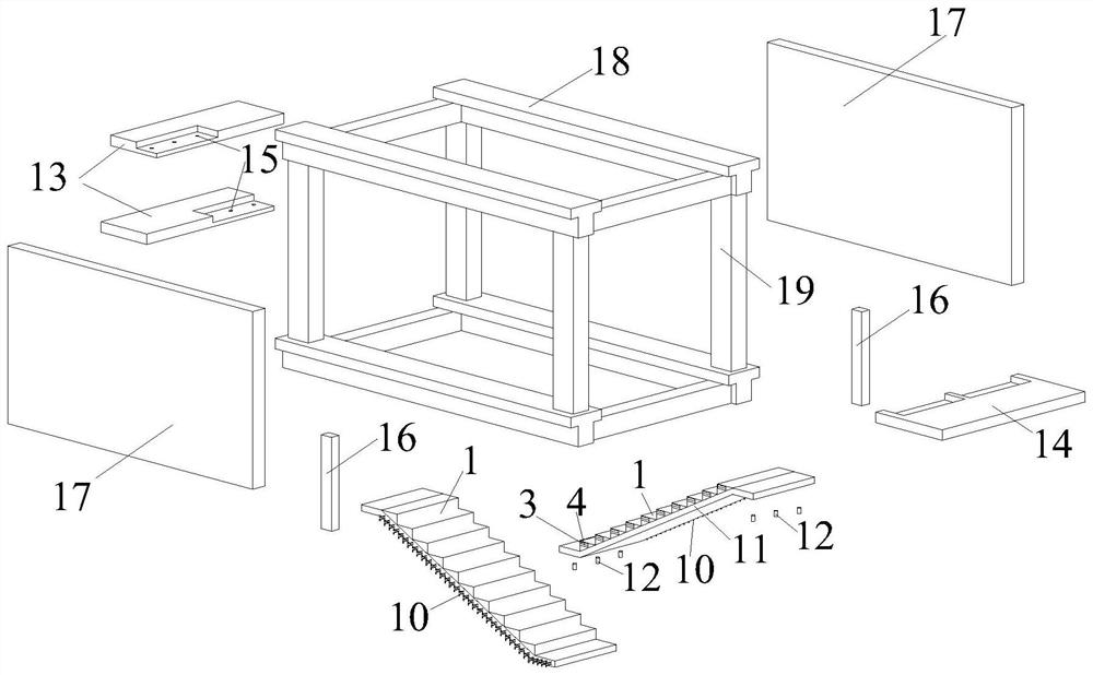 A prefabricated damping staircase with built-in two-way damping particles