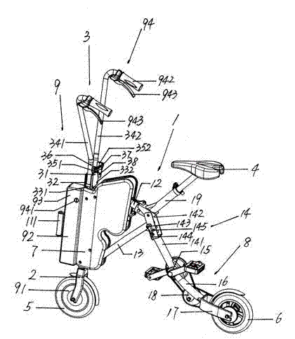 Four-link body folding box type pushable portable electric bicycle