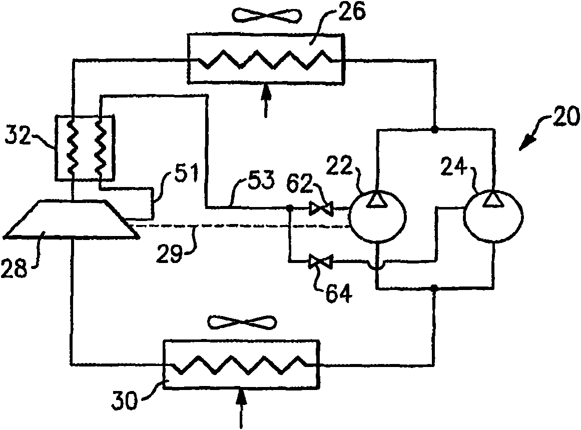 Co2 refrigerant system with tandem compressors, expander and economizer