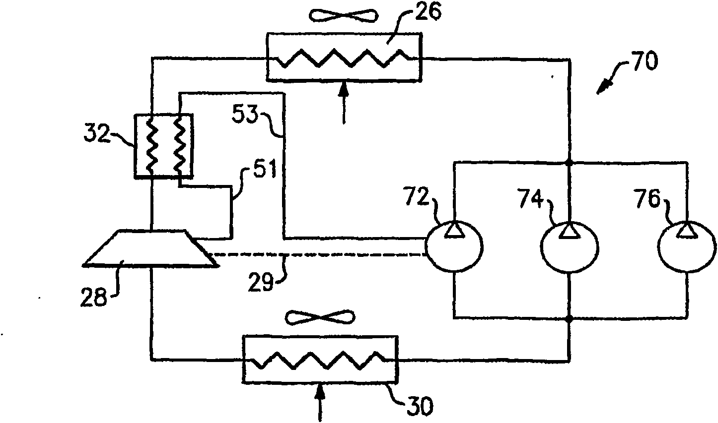 Co2 refrigerant system with tandem compressors, expander and economizer