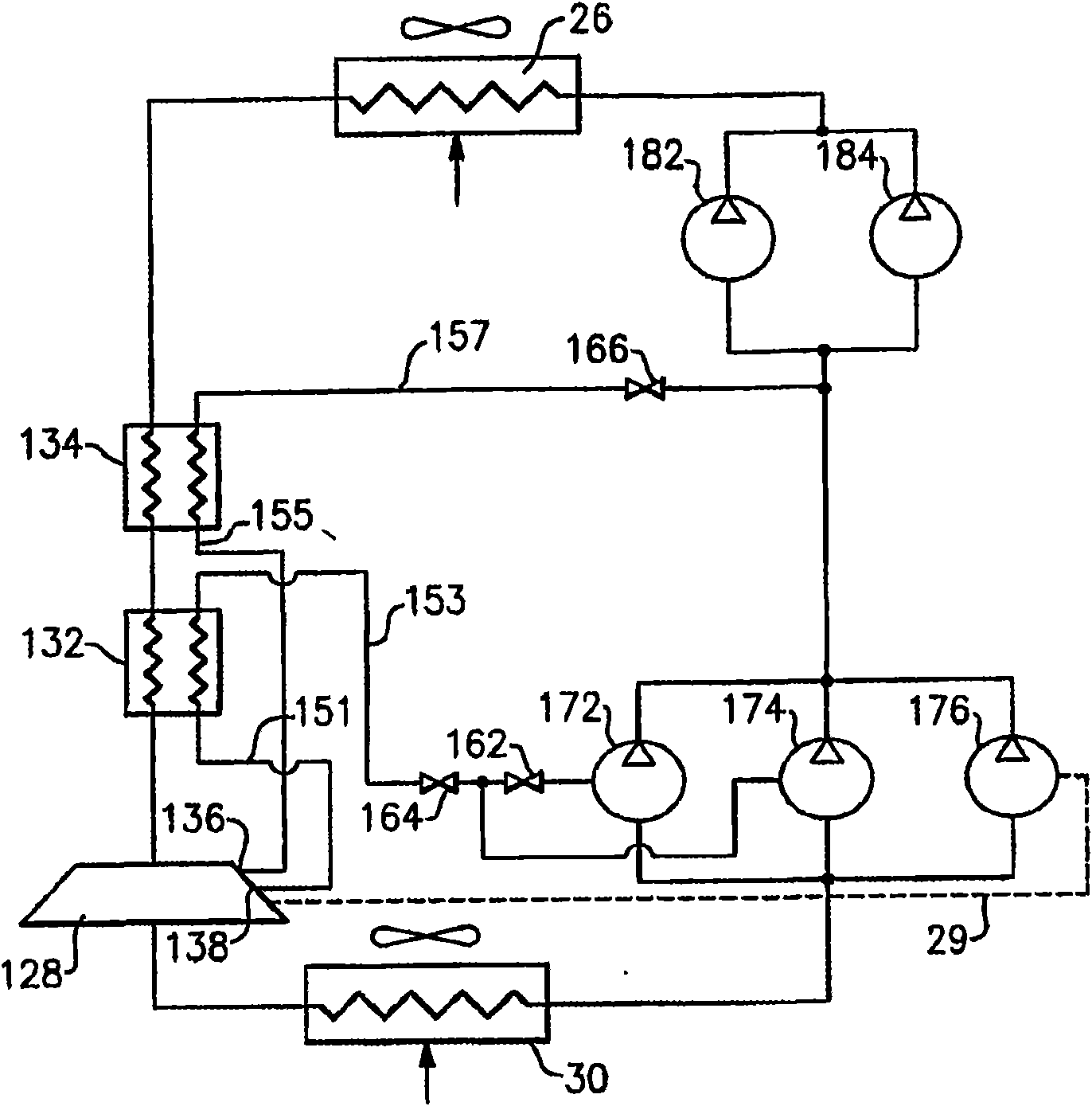 Co2 refrigerant system with tandem compressors, expander and economizer