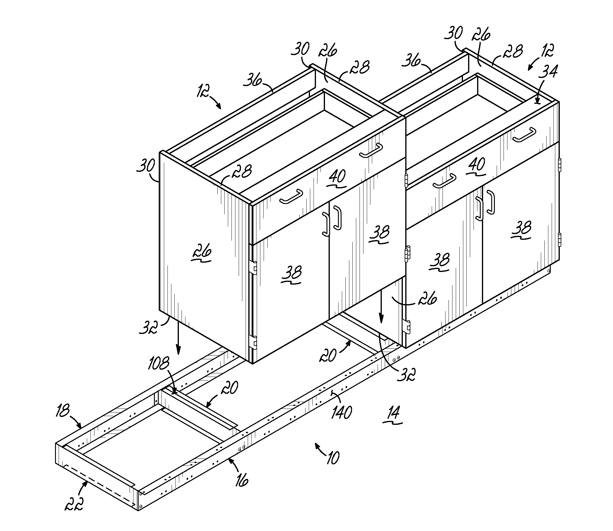 Platform assembly for supporting cabinets