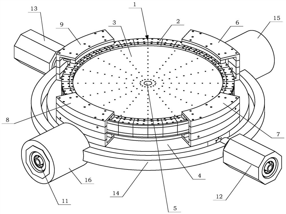 Magnetic levitation turntable with fifteen degrees of freedom and applied to semi-physical simulation platform