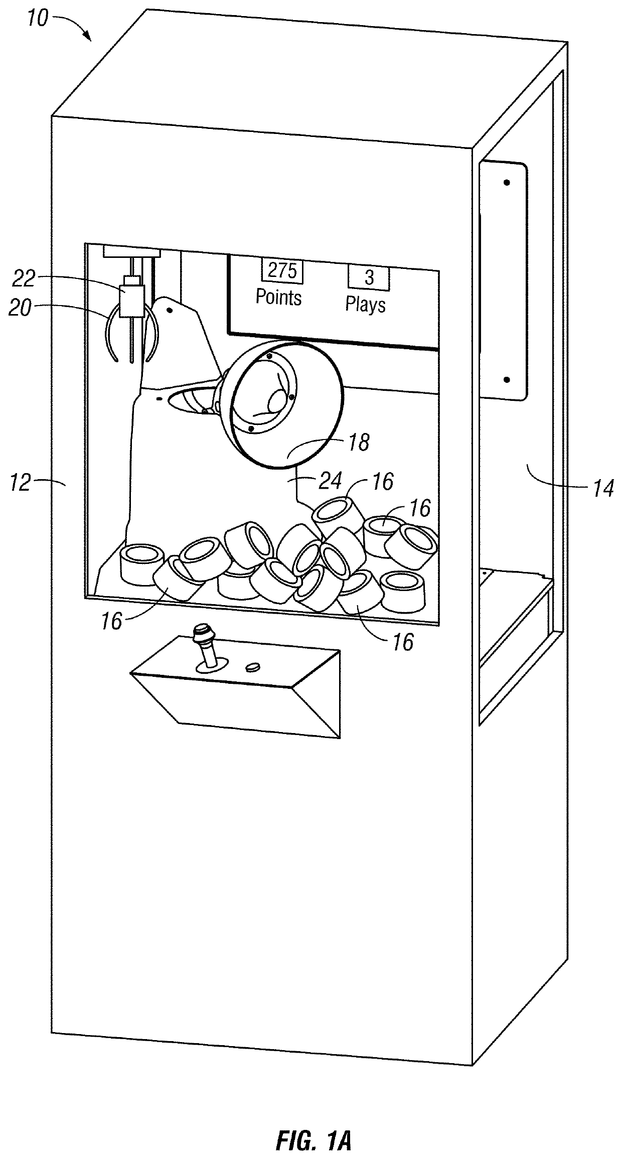 Arcade game with rotating container for captured prizes with RFID tags