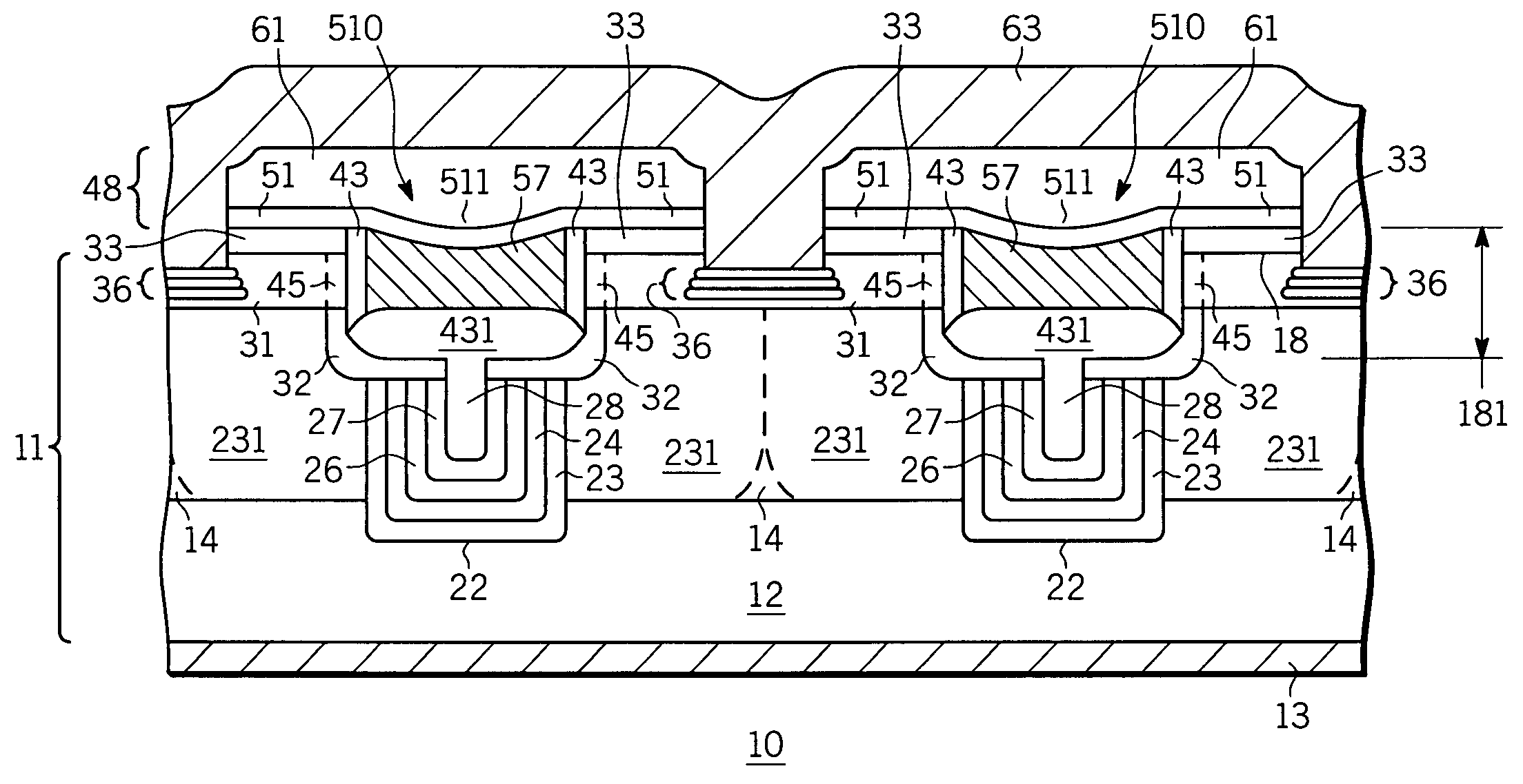 Semiconductor device having sub-surface trench charge compensation regions