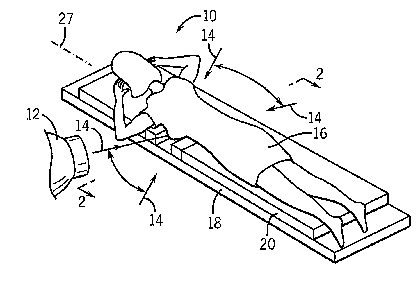 Low skin dose patient positioning device for radiation treatment of prone breast