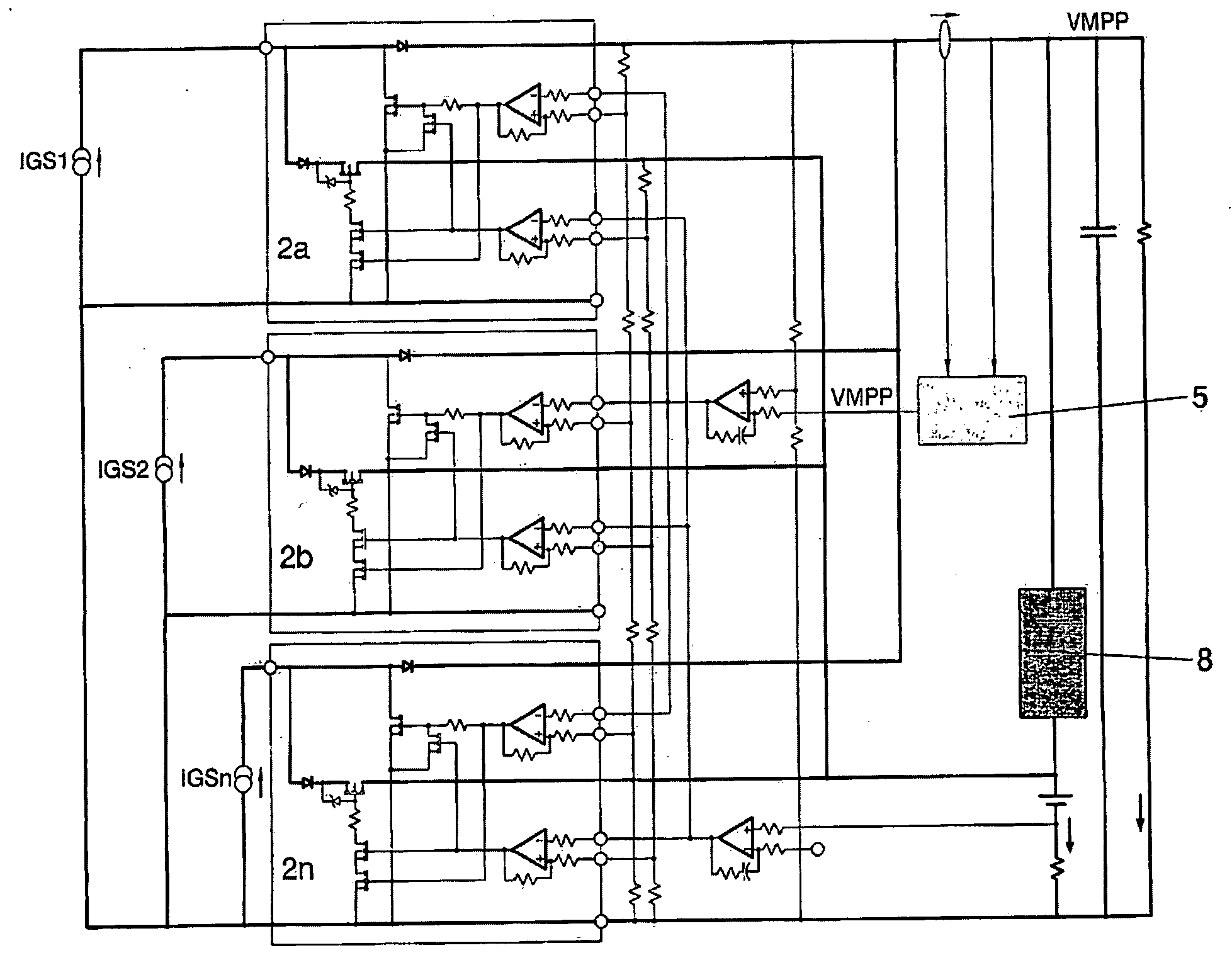 Circuit and method for controlling the point of maximum power for solar energy source and solar generator incorporating said circuit