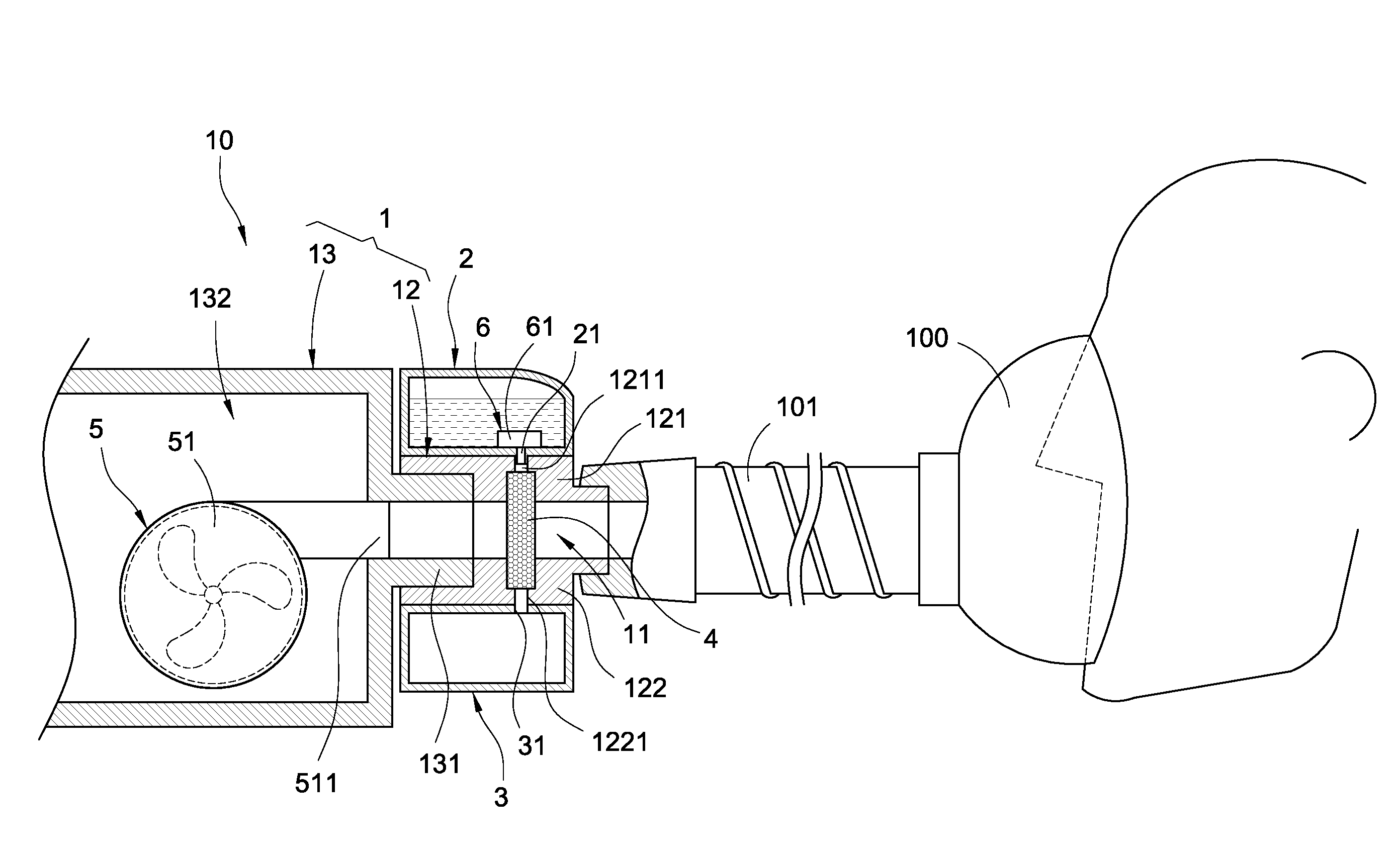 Humidifying device for breathing mask