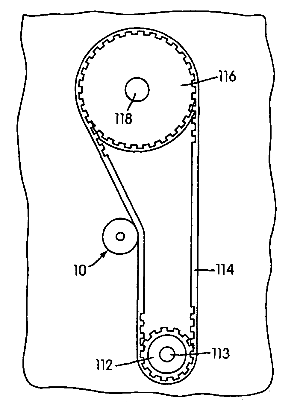 Timing belt tensioner with stops controlled by frictional brake