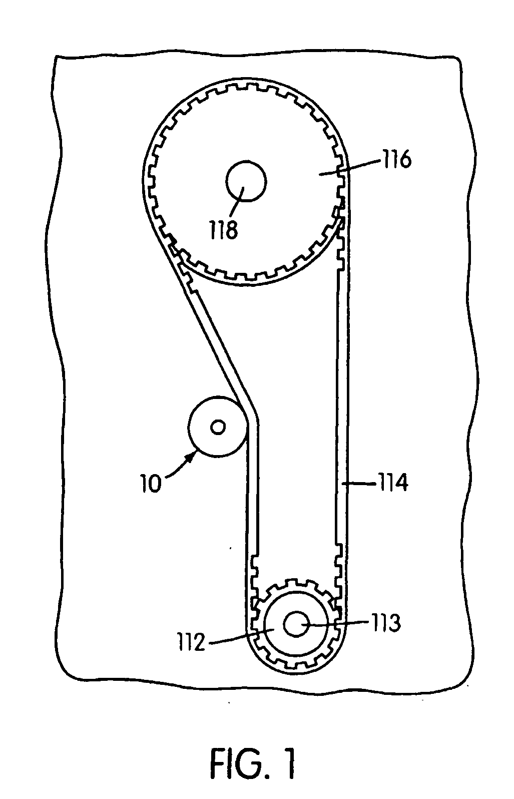 Timing belt tensioner with stops controlled by frictional brake