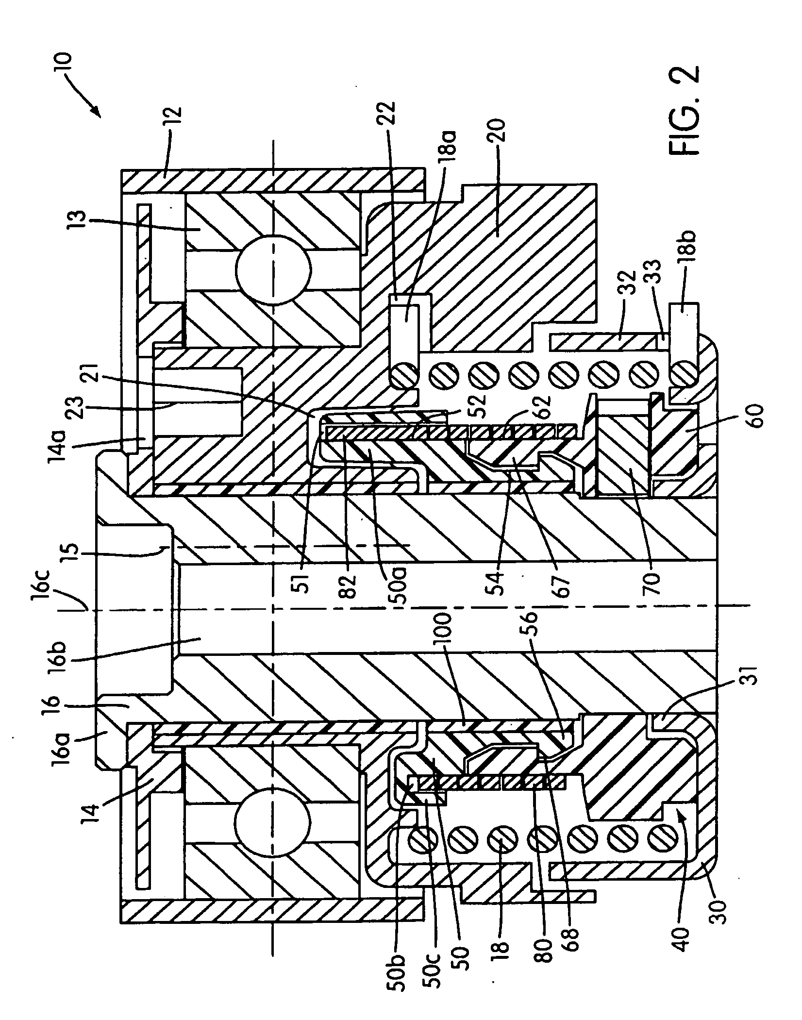 Timing belt tensioner with stops controlled by frictional brake