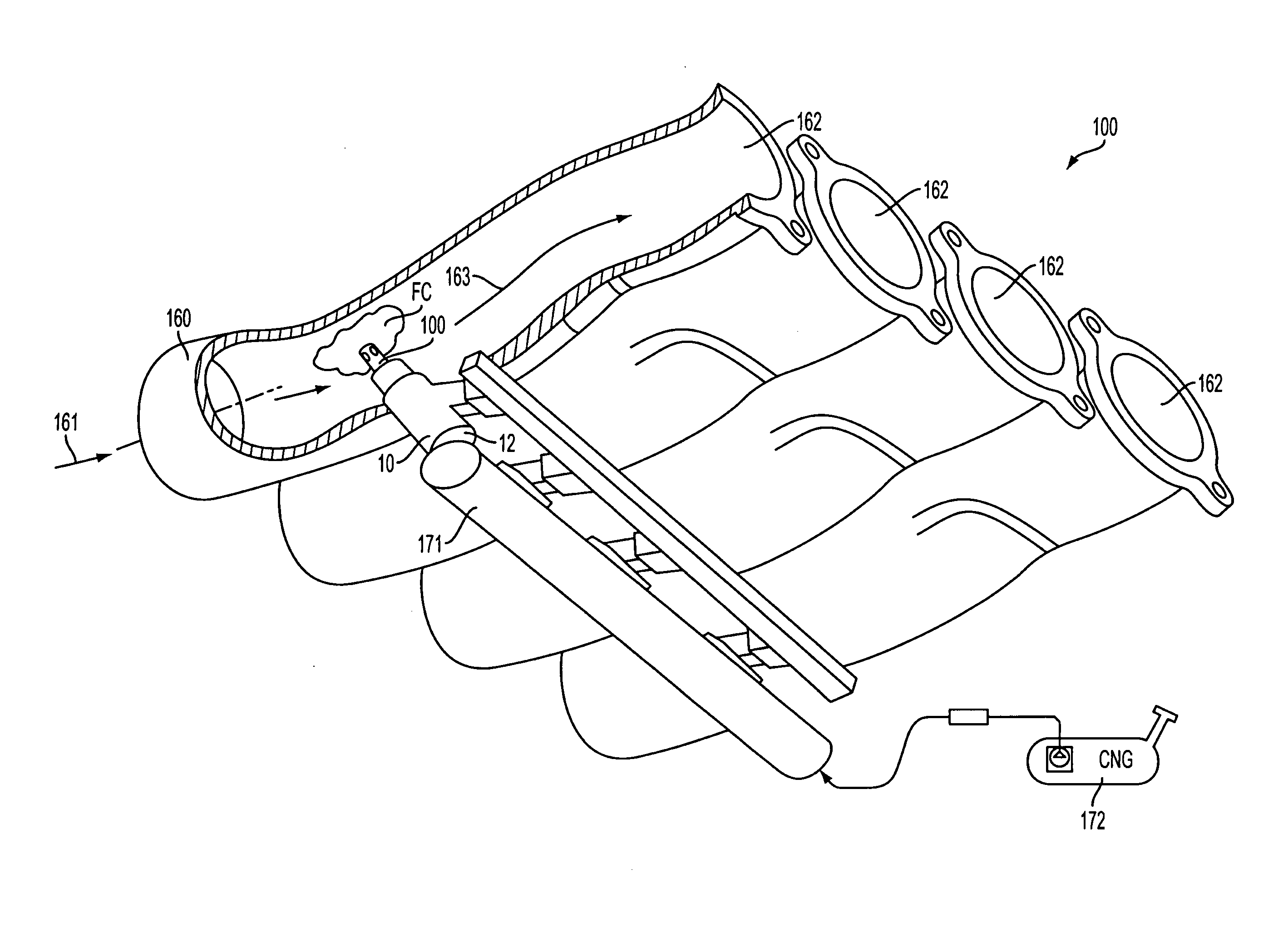 Fuel injection system with cross-flow nozzle for enhanced compressed natural gas jet spray