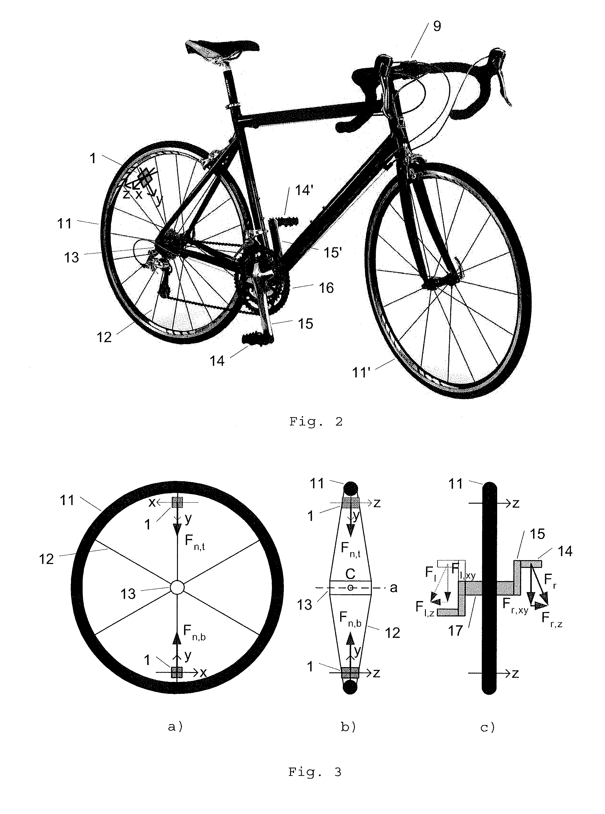 Sensor apparatus and method for determining pedalling cadence and travelling speed of a bicycle