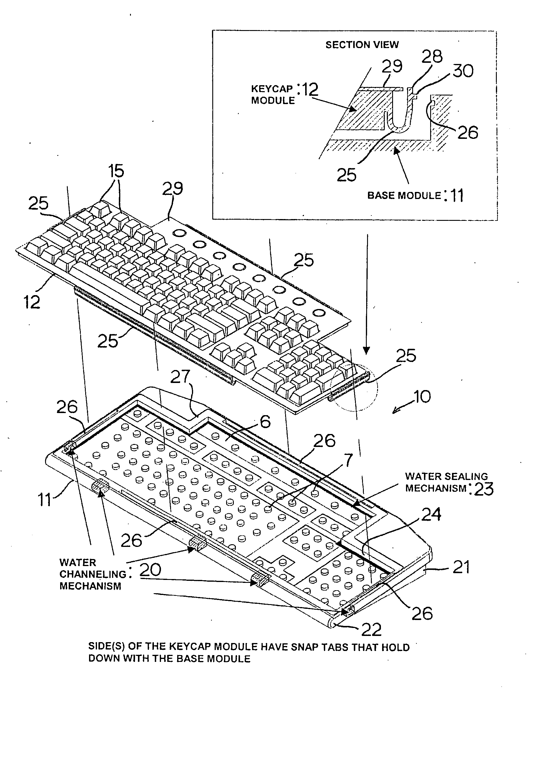 Two module splash resistant keyboard