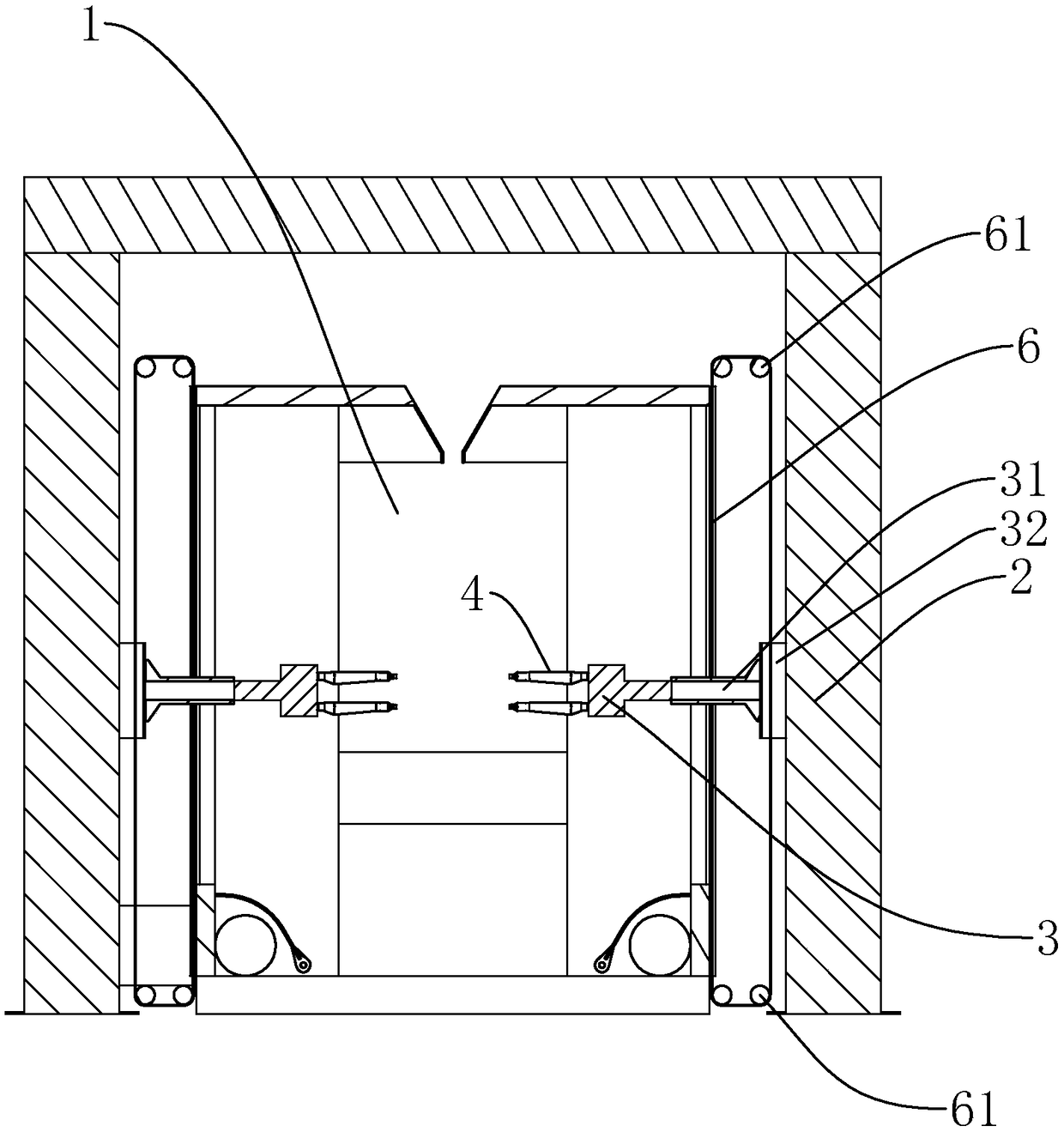 Powder spraying chamber with automatic gun collection beam inlet-outlet groove openings using dynamic sealing structures