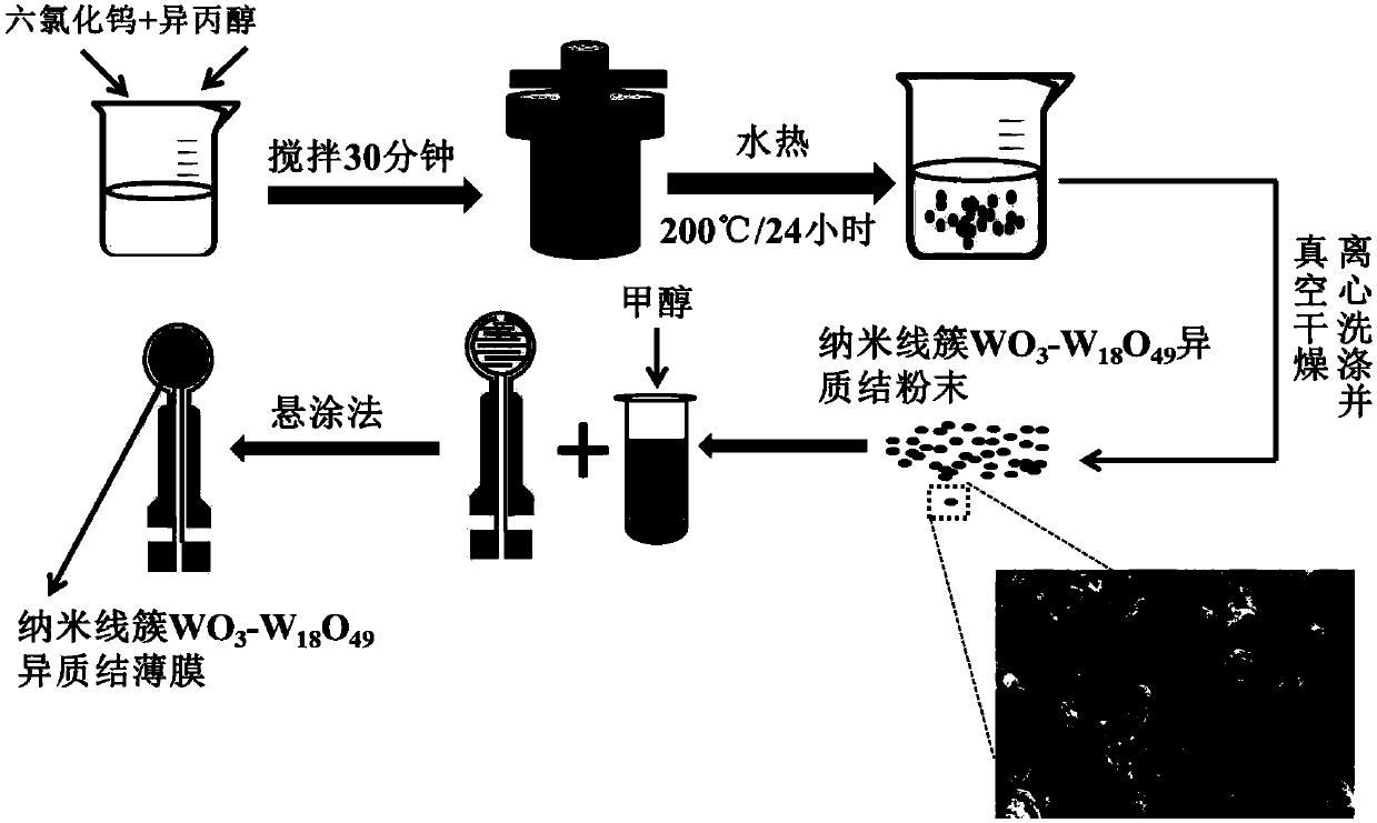 Nanowire cluster WO3-W18O49 heterojunction membrane sensitive to ammonia gas