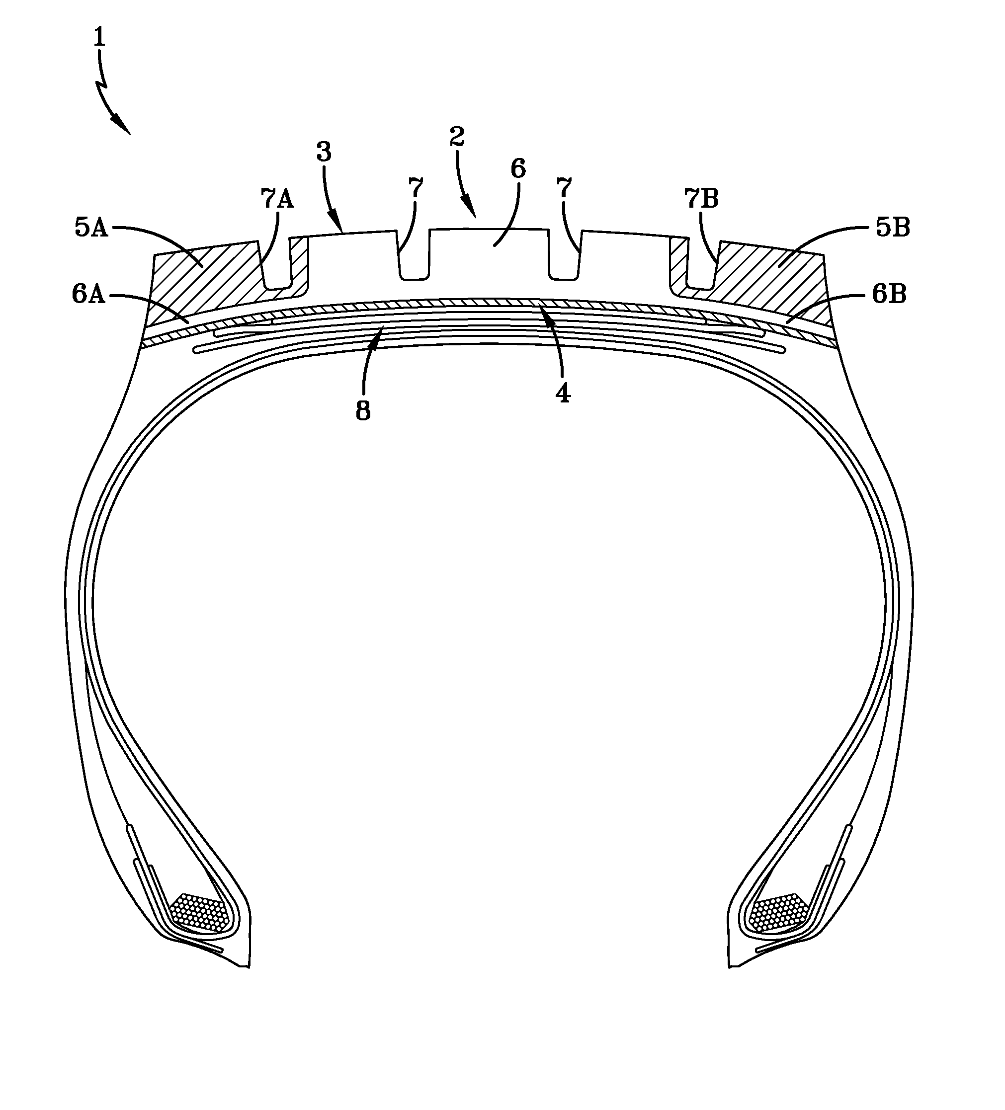 Tire with rubber tread of intermedial and peripheral stratified zones