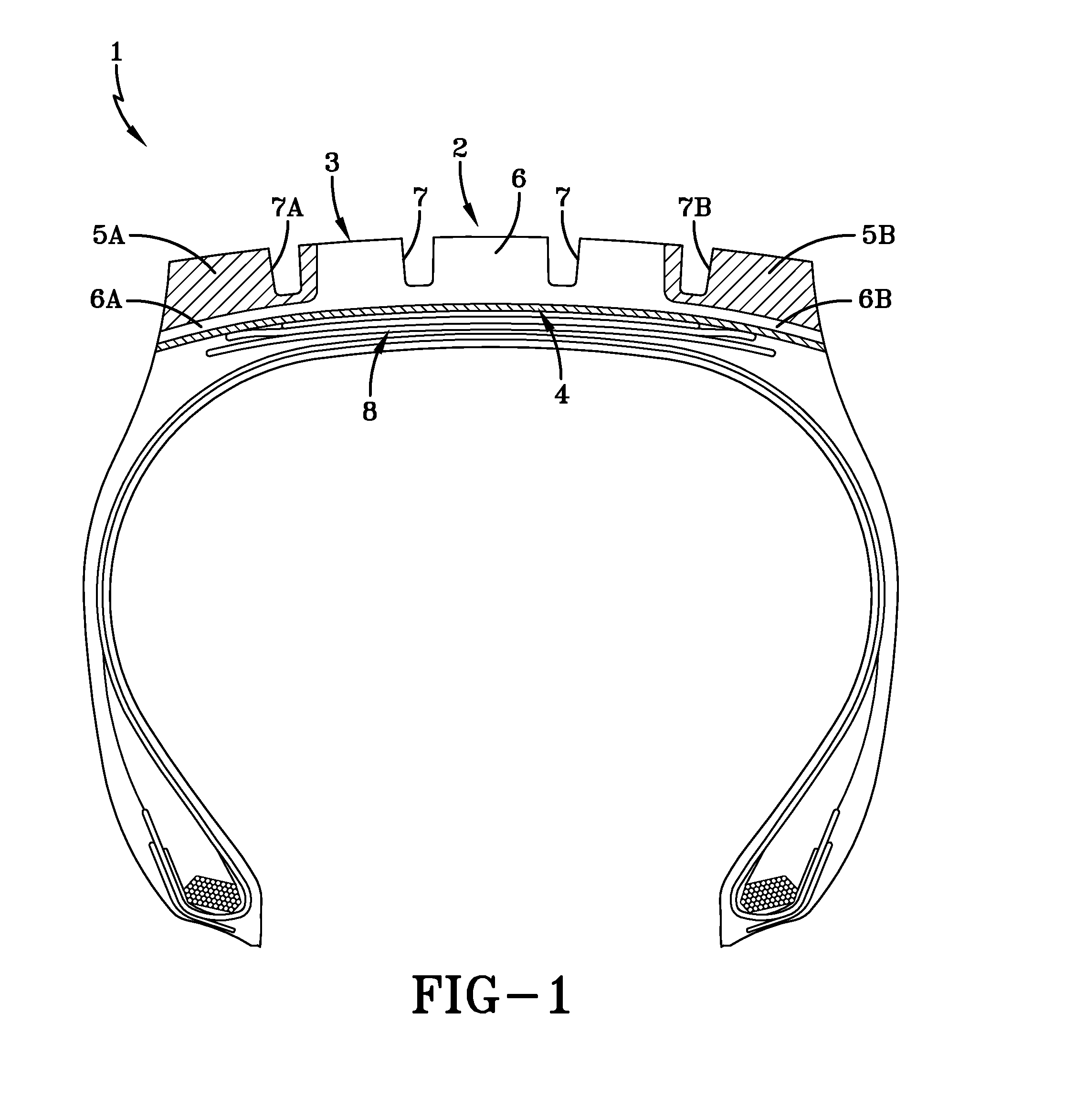 Tire with rubber tread of intermedial and peripheral stratified zones