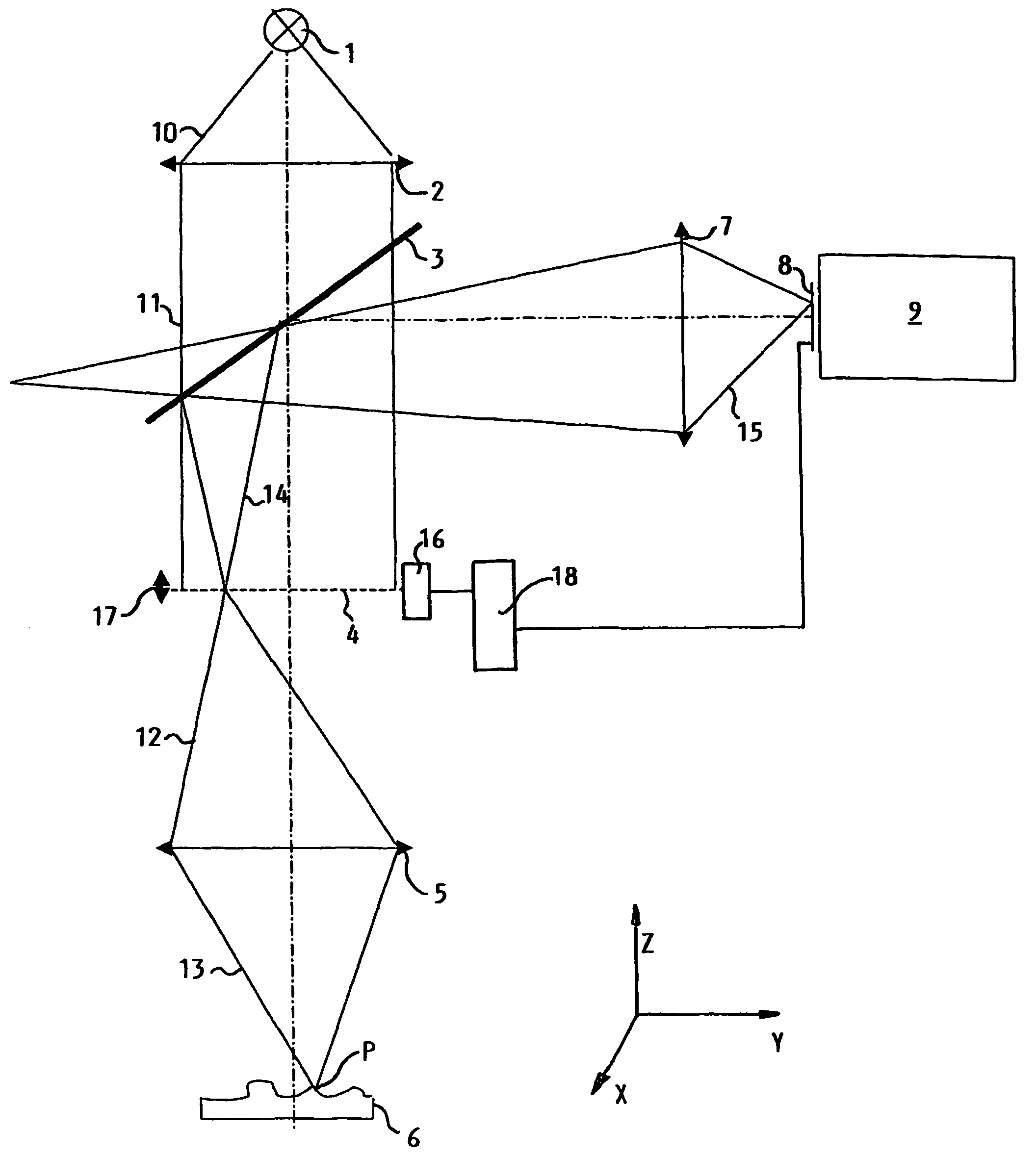 Device for measuring in three dimensions a topographical shape of an object