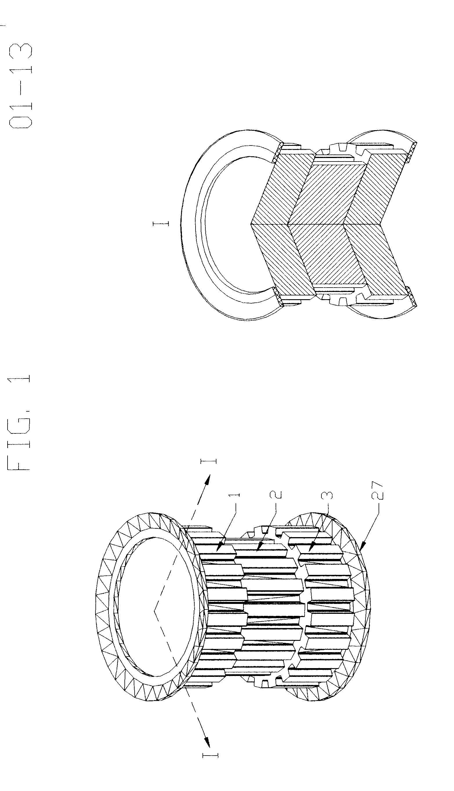 [Three Piece Timing Pulley Assembly containing one Inner Positive Drive Hubless and Flangeless Timing Pulley and two Outer Driven, Positive Drive, and Synchronized Timing Pulleys]