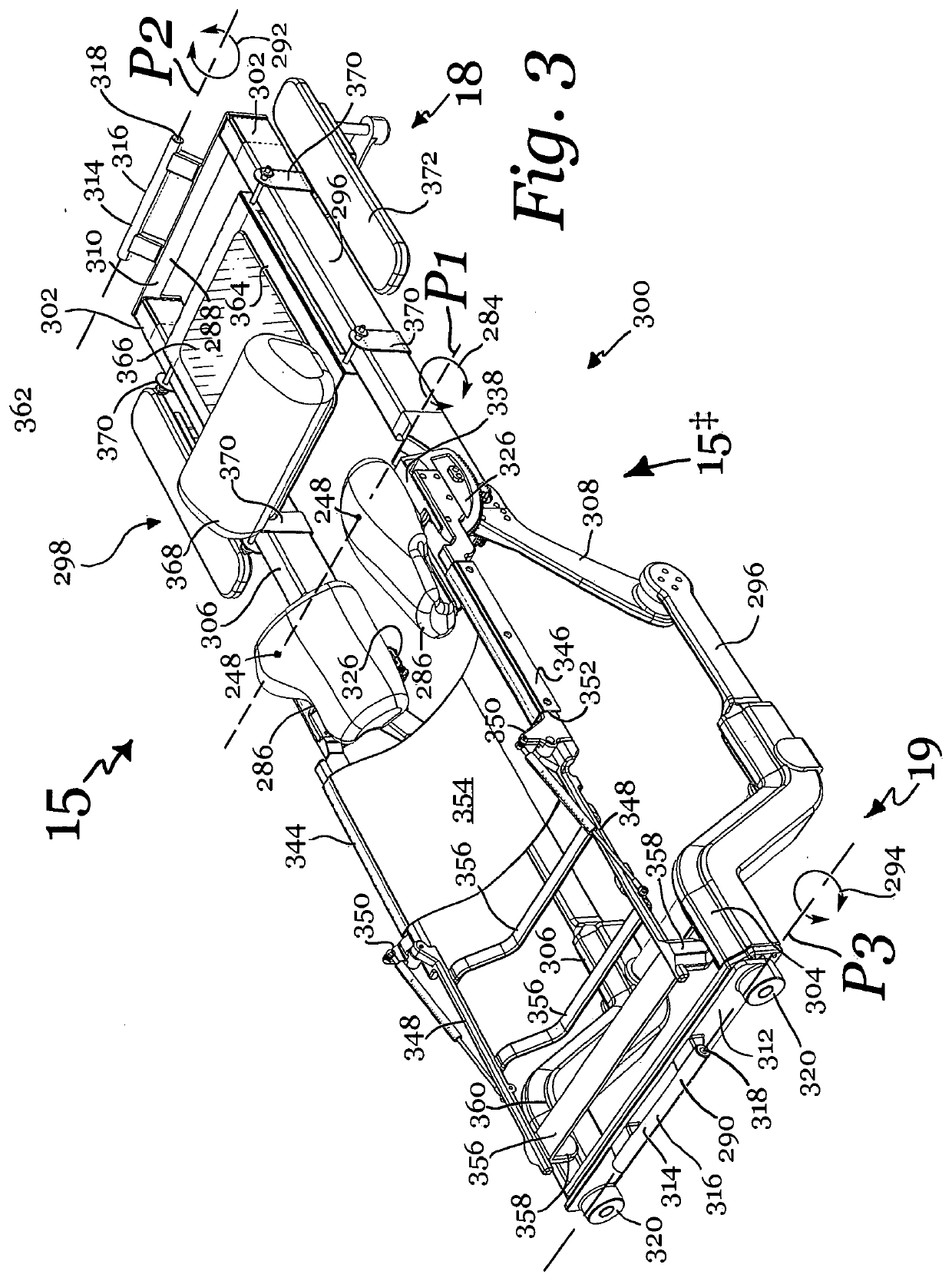 Patient positioning support apparatus with virtual pivot-shift pelvic pads, upper body stabilization and fail-safe table attachment mechanism