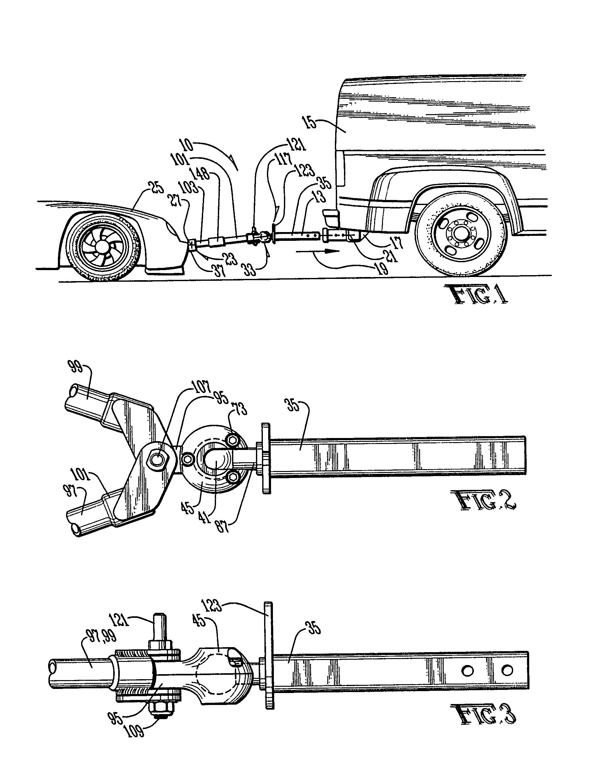 Tow bar having a single moving part for operatively accommodating pitch and roll movements between a towing vehicle and a towed vehicle