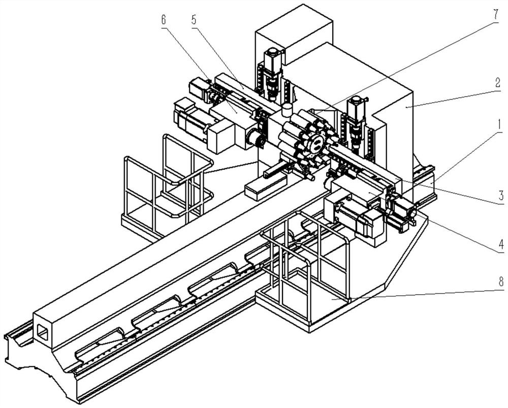 Double-spindle movable gantry ultra-long stroke machining center used for drilling and milling steel rail joint part