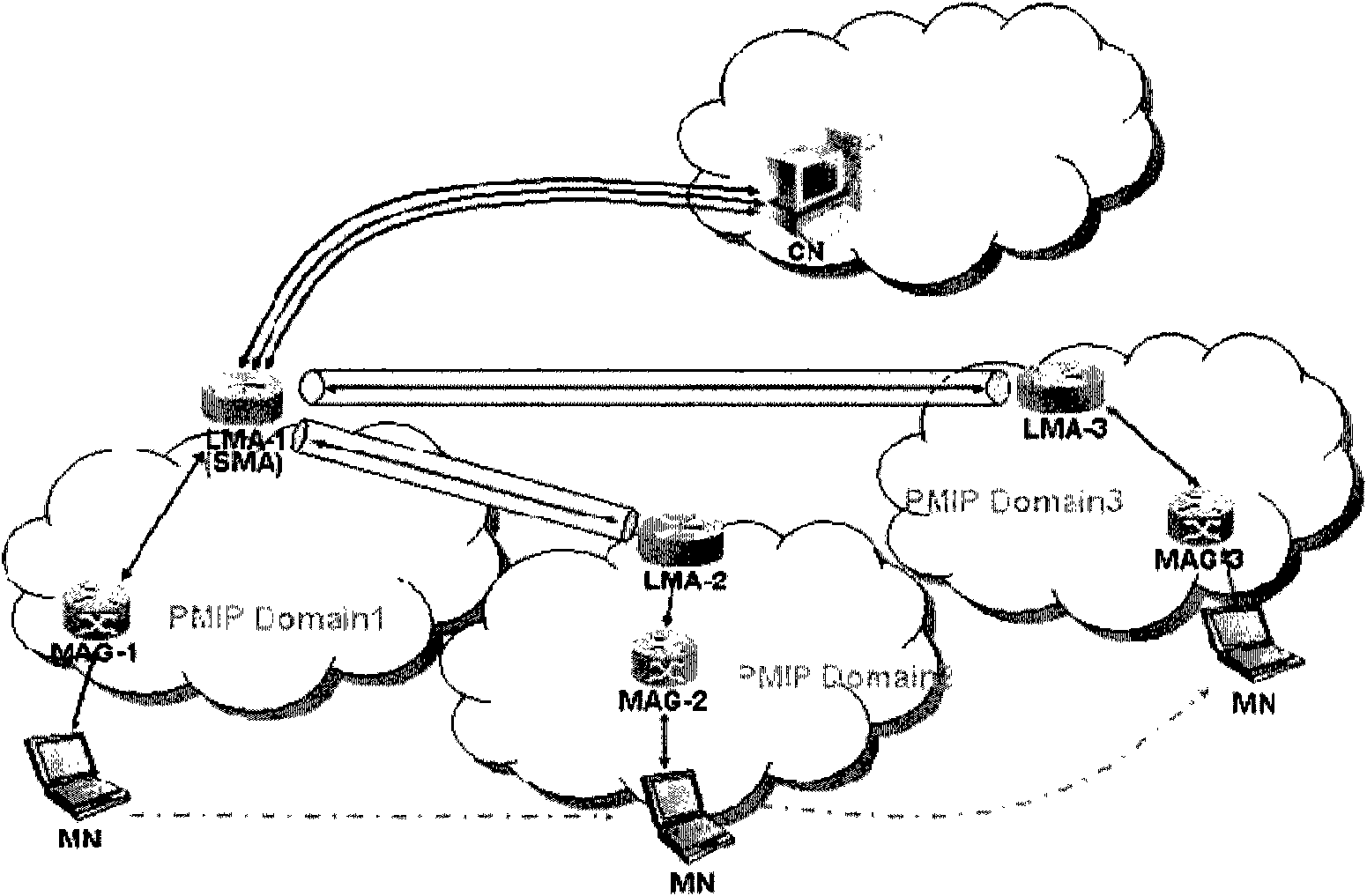 Device and method for realizing switching among mobile management domains