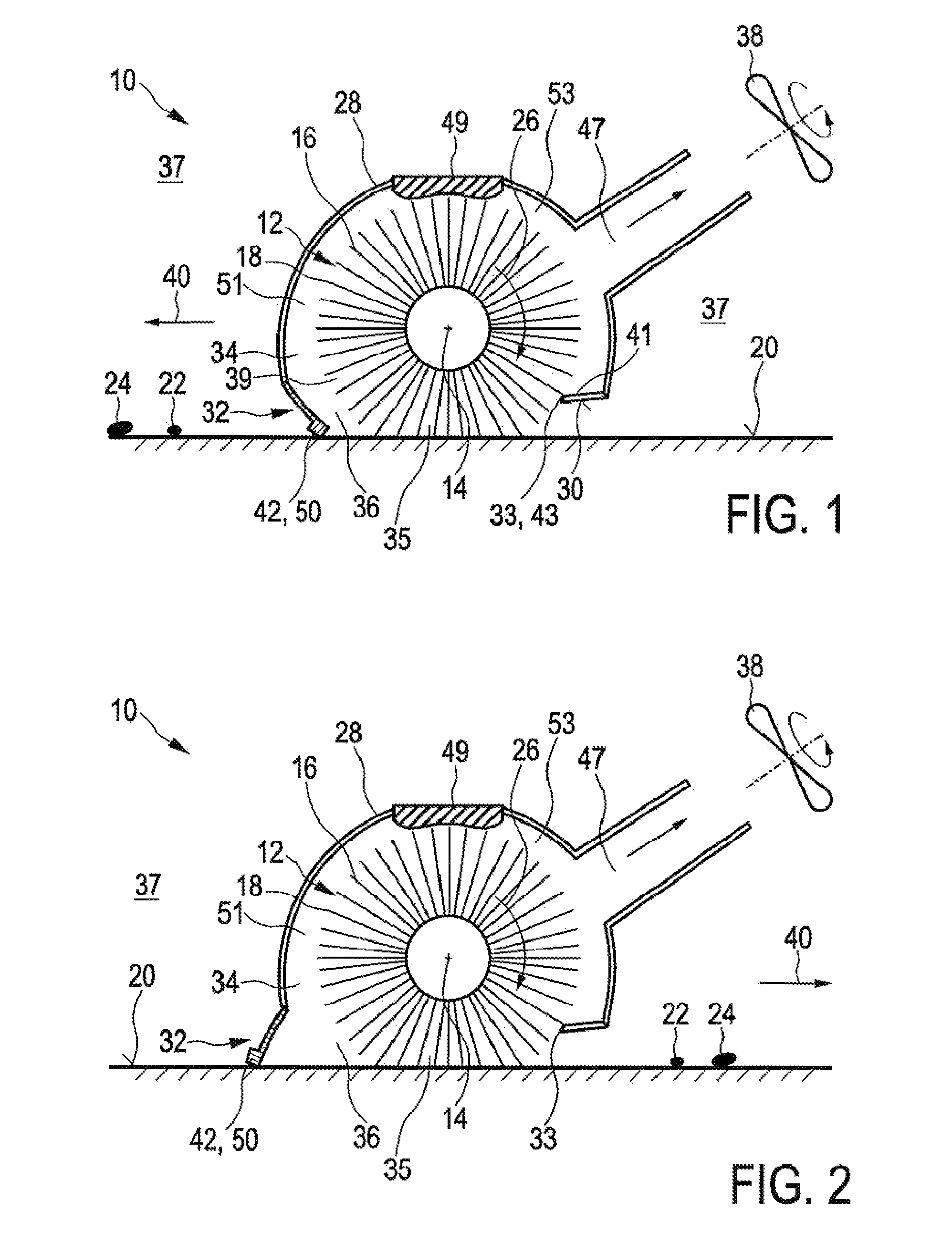 Cleaning device for cleaning a surface comprising a brush and a squeegee element