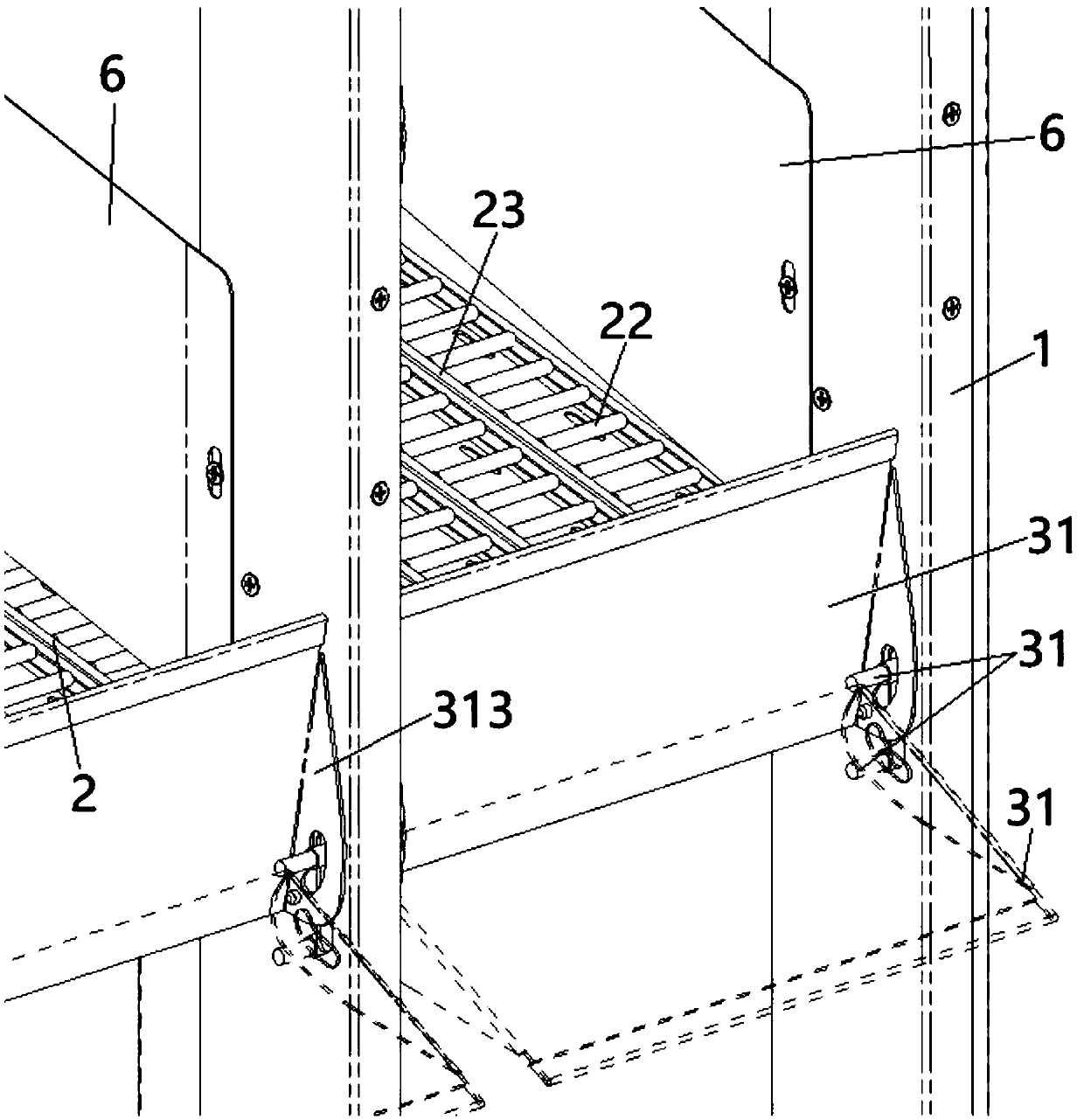 Gravity shelf with self-locking stop flip plate