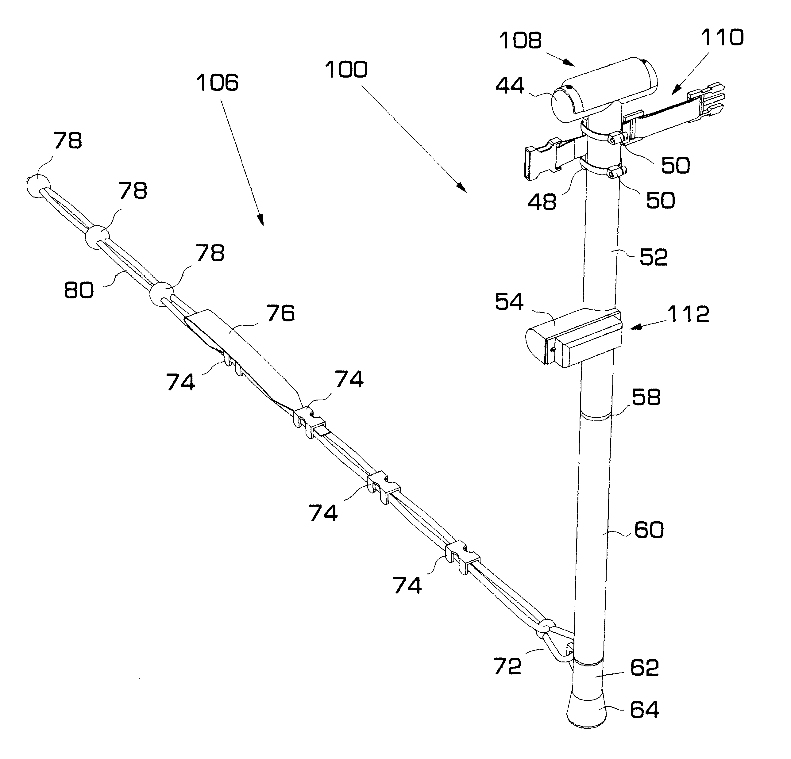 Line and pole, travel size fitness device, for upper and lower body weightlifting type physical exercises, utilizing a human's own bodyweight