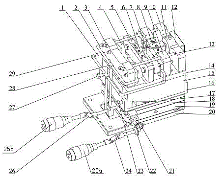 Scale-span in situ micro-nano stretching/compressing hydraulic drive testing device under microscopic assembly