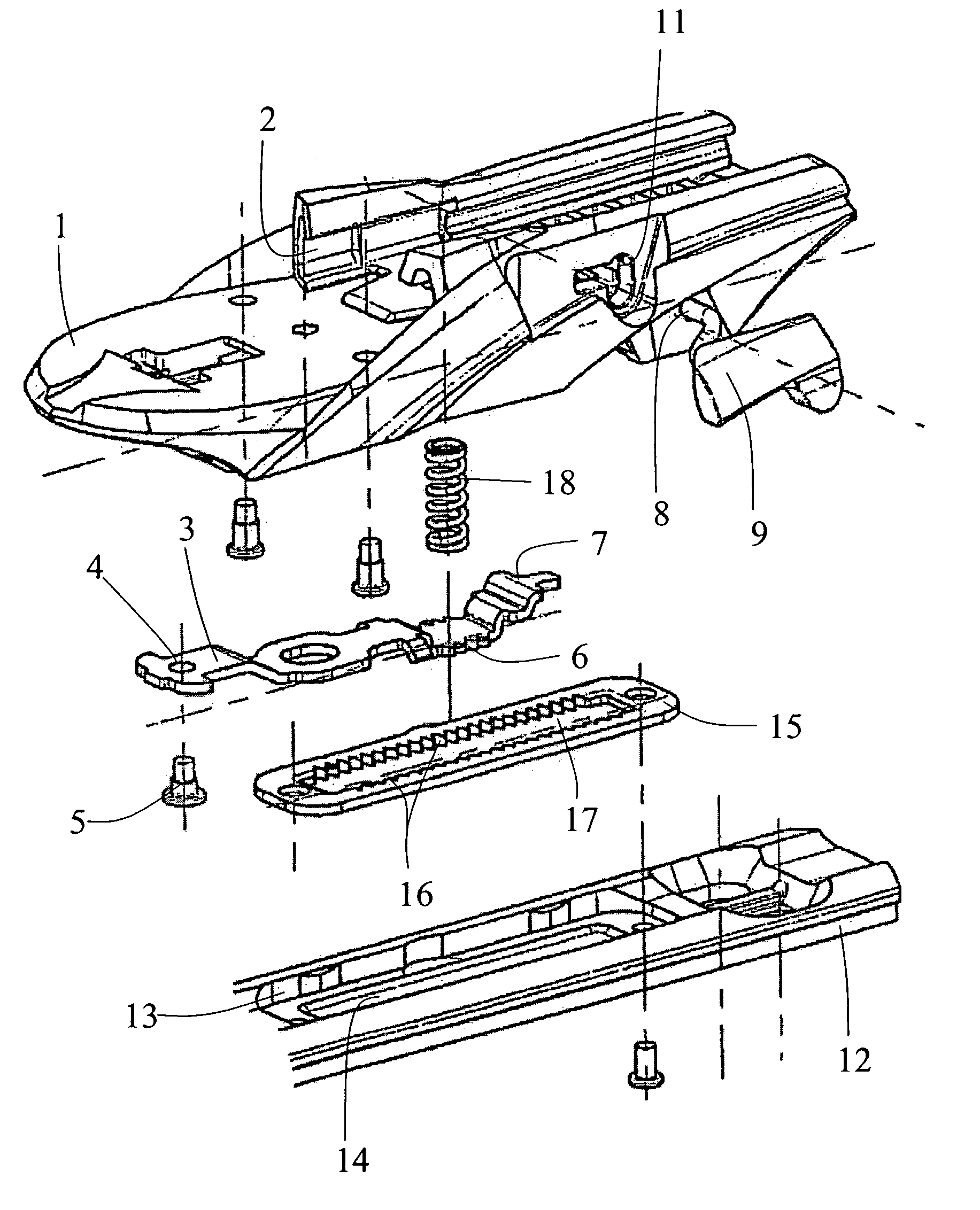 Adjustment device for an accessory such as a ski binding heelpiece