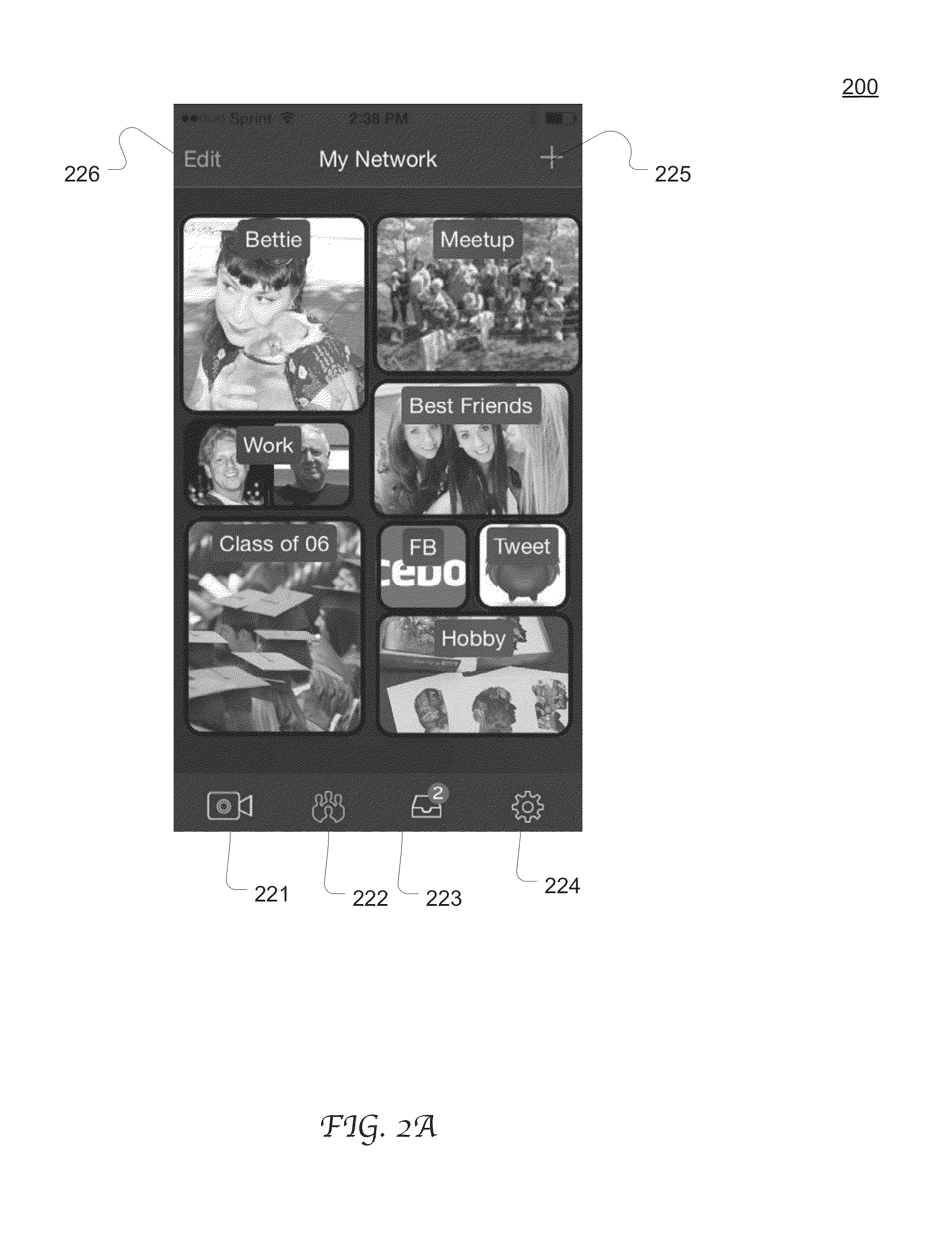 Social contact information organized in a grid like visual object