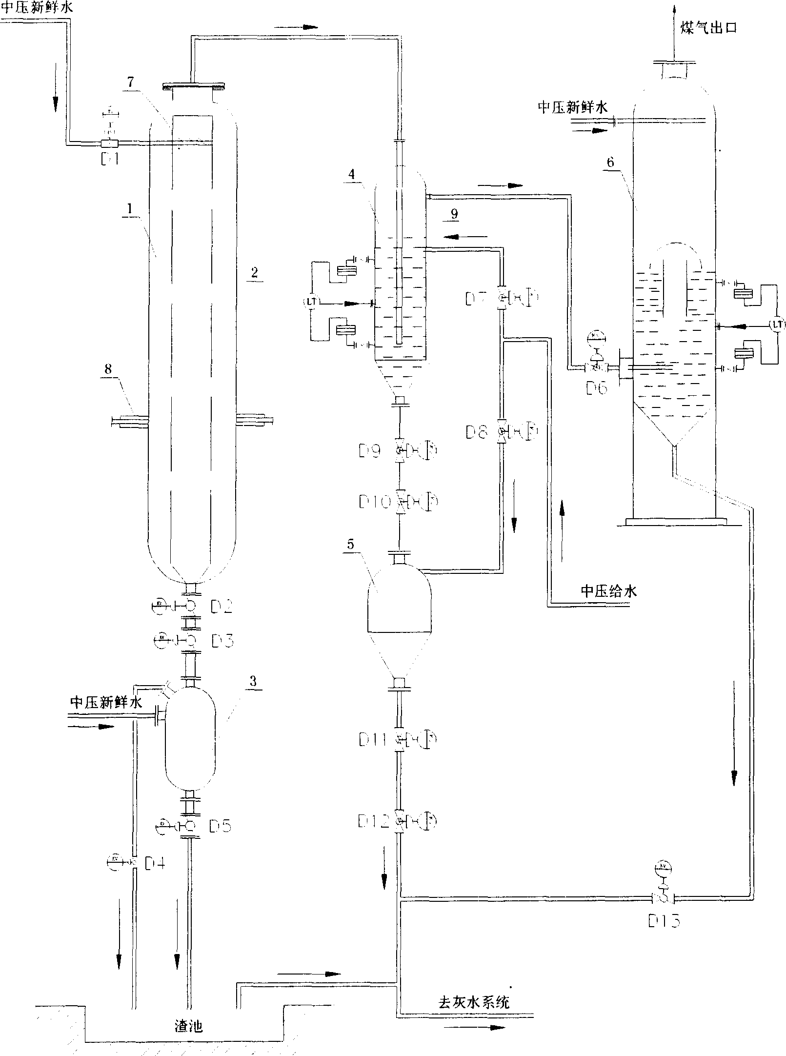 Chilling device and process for dry coal powder pressure gasifying