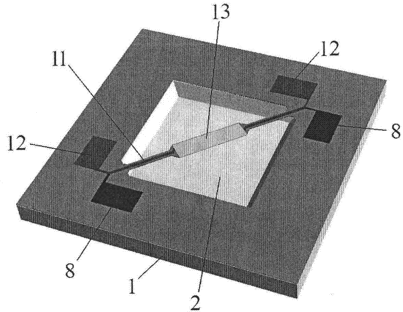 Resistance type gas sensor with two support suspension beams and six-layer structure, and method thereof