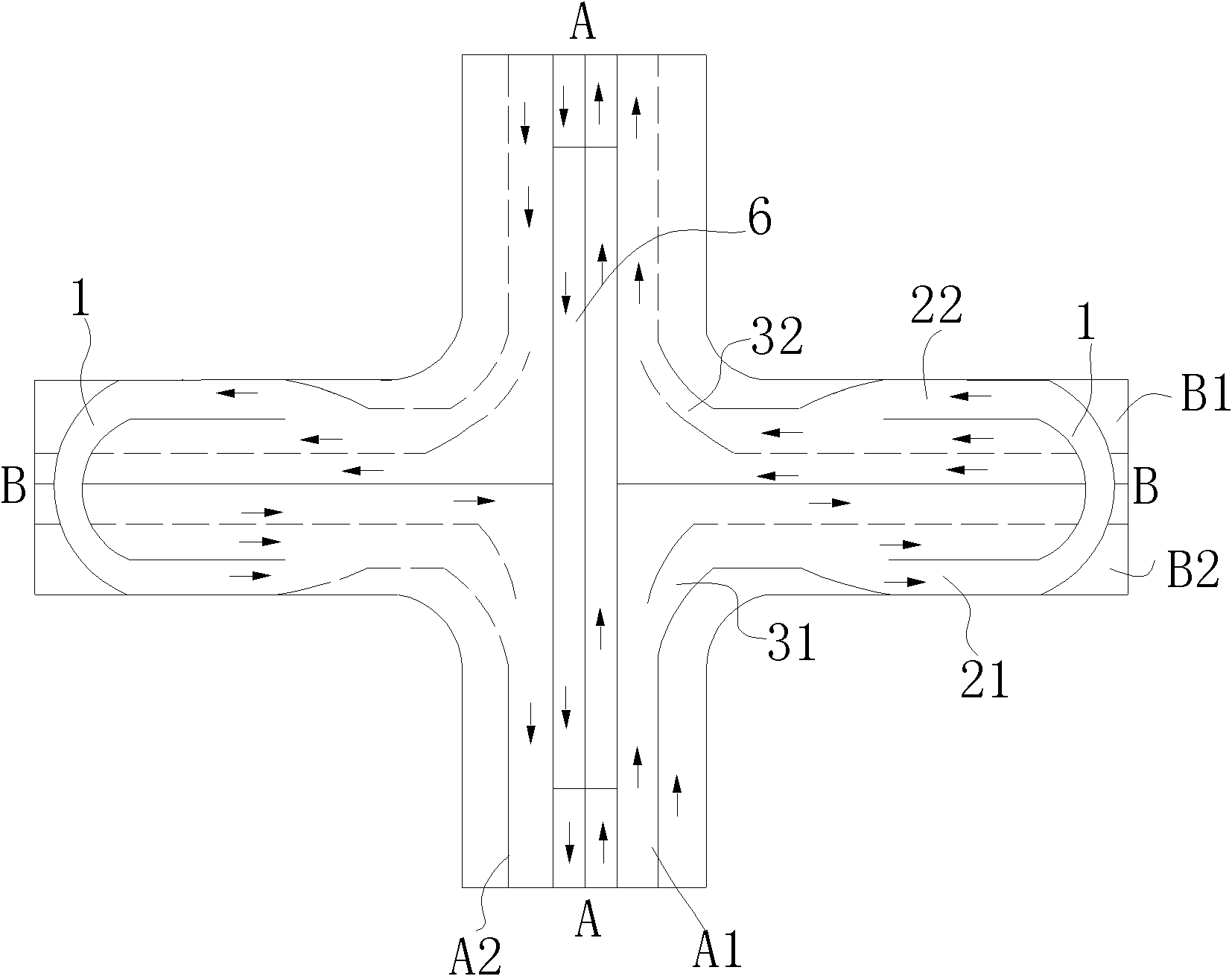 Shift-type interchange overpass for all-time and all-direction traffic at road intersections