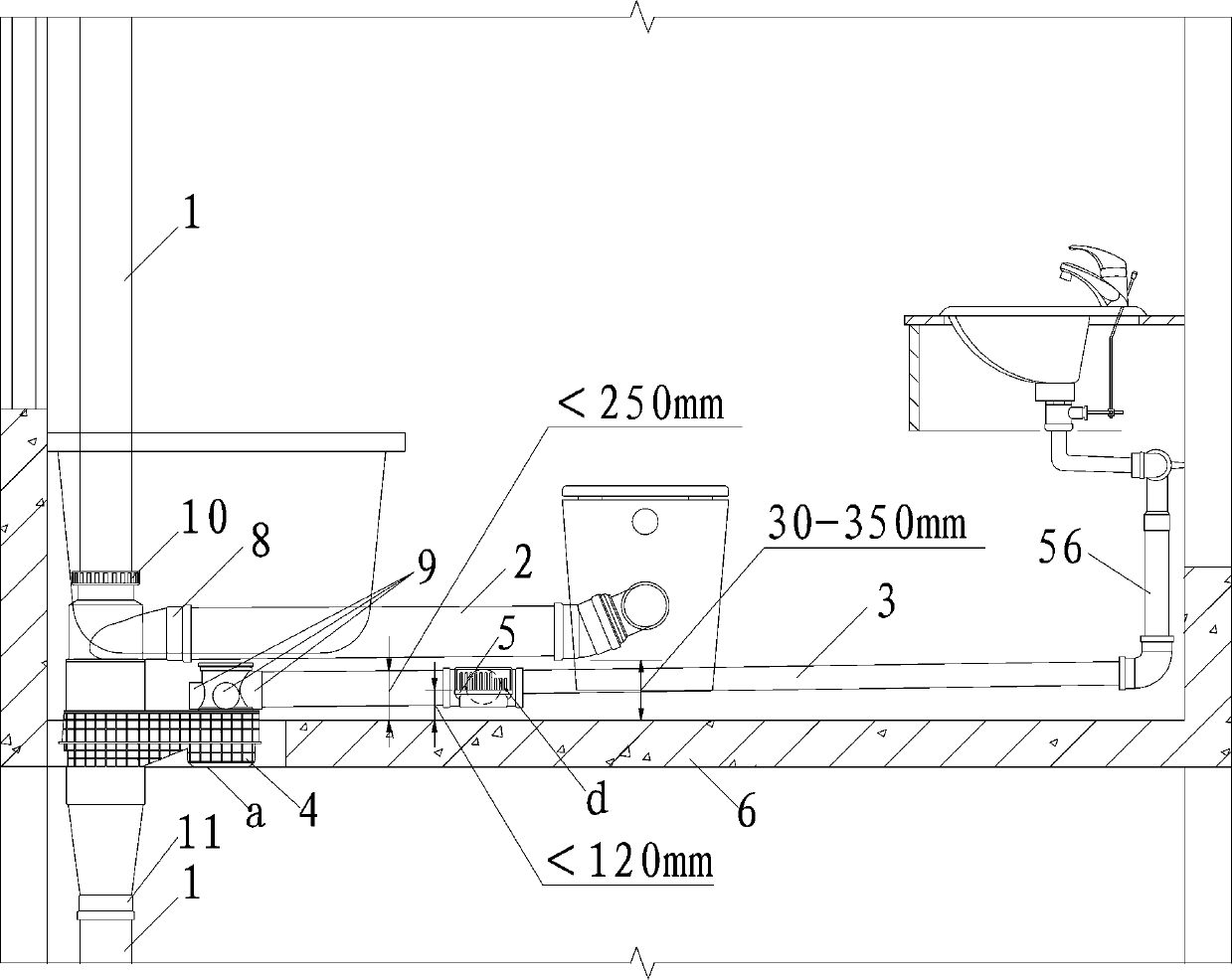 Same-floor drainage system without descending floor slab in bathroom