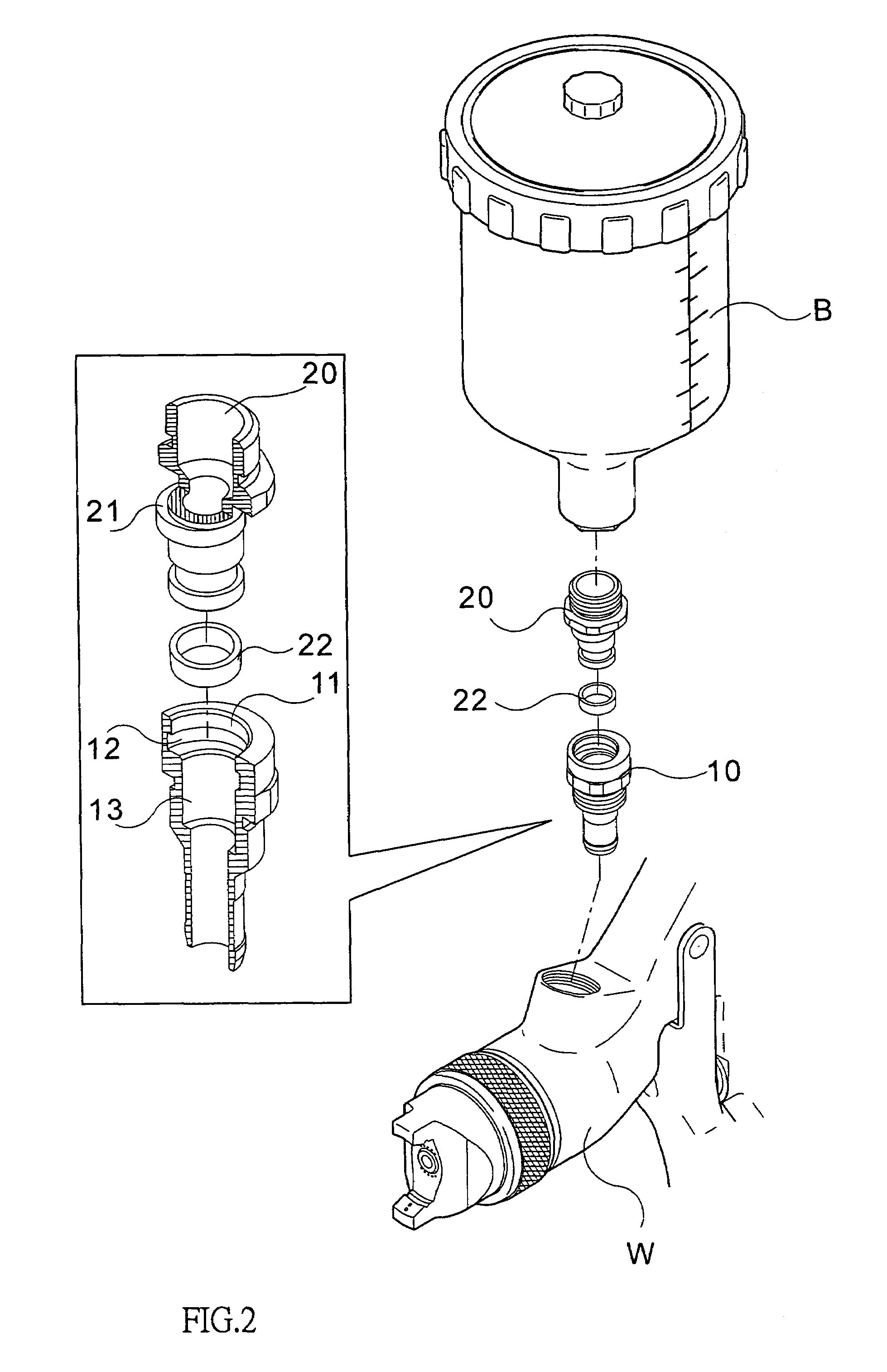 Connection of cup and paint sprayer