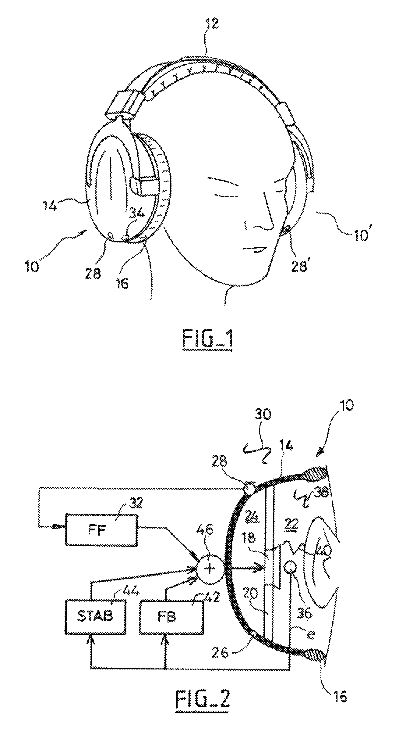 Audio headset with active noise control of the non-adaptive type for listening to an audio music source and/or for “hands-free” telephony functions